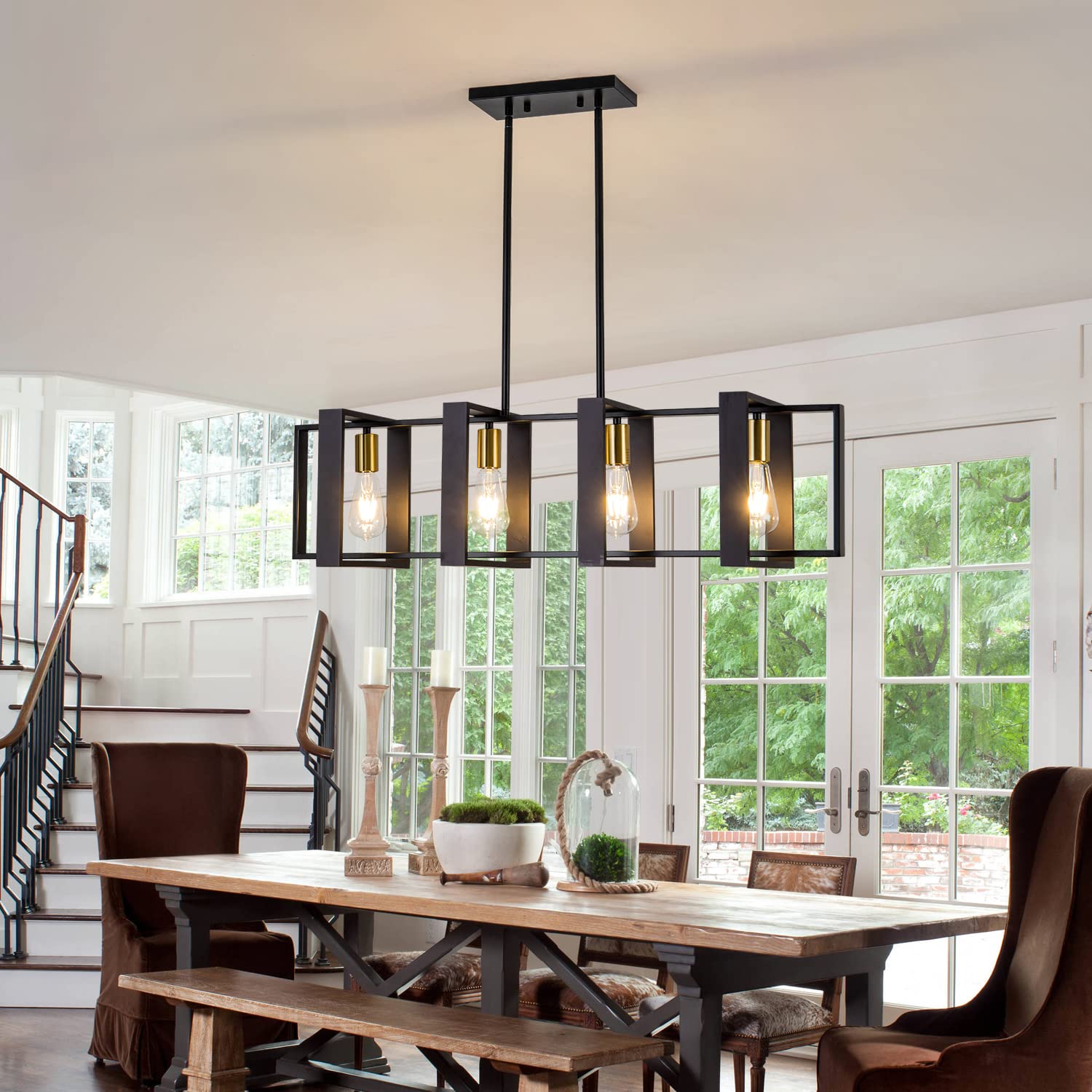 Farmhouse Kitchen Island Lighting Black Chandeliers for Dining Room Wooden Island Lights,Industrial Rectangle Light Fixtures Ceiling Hanging (4 Lights)