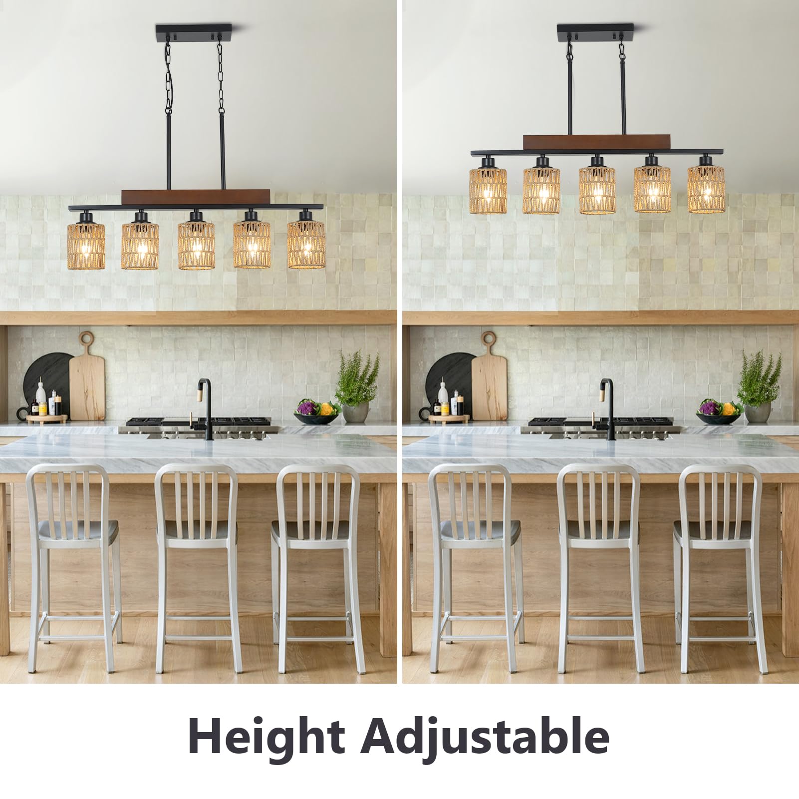 Rattan Farmhouse Chandeliers for Dining Room, Boho Kitchen Island Lighting, 5-Light Linear Chandelier Rectangle Pendant Lighting, Rustic Wood Chandeliers Black Hanging Light Fixtures for Living Room