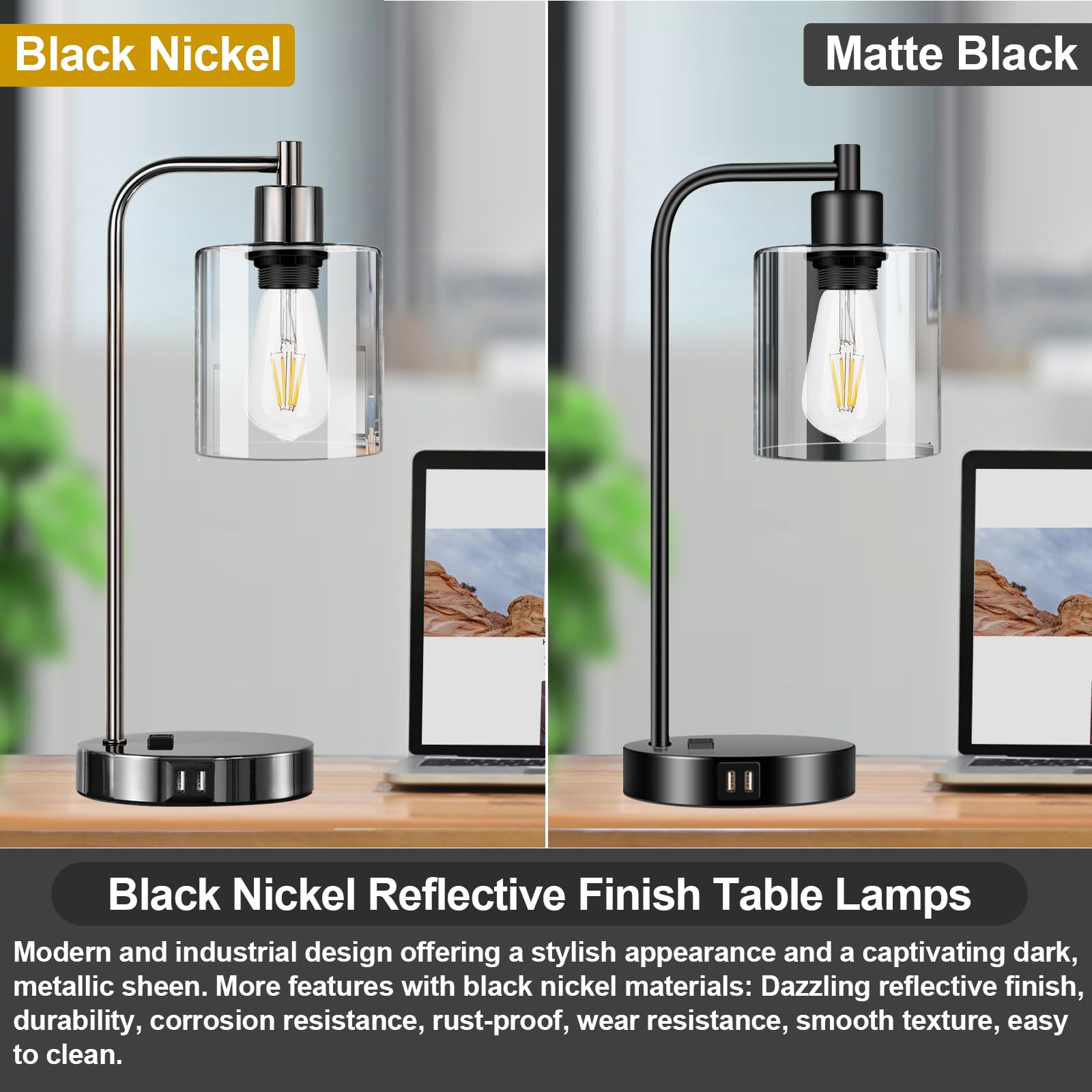 Set of 2 Industrial Touch Control Table Lamps with 2 USB Ports and AC Outlet - 3-Way Dimmable Black Bedside Lamps Nightstand Desk Lamps for Bedroom Living Room, Glass Shade & 2 LED Bulbs Included