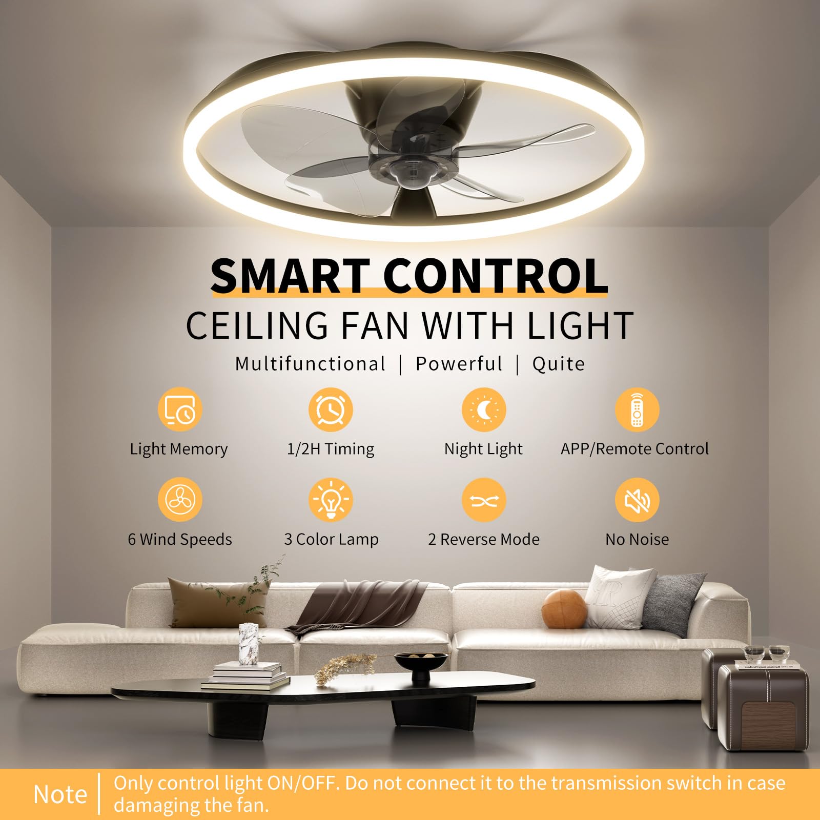 Ceiling Fans with Lights and Remote, 20'' Flush Mount Ceiling Fan of 150° Ultra Wide, Low Profile Ceiling Fan with 6 Speeds, 3000-6500K Dimmable Led for Bedroom Livingroom, Black