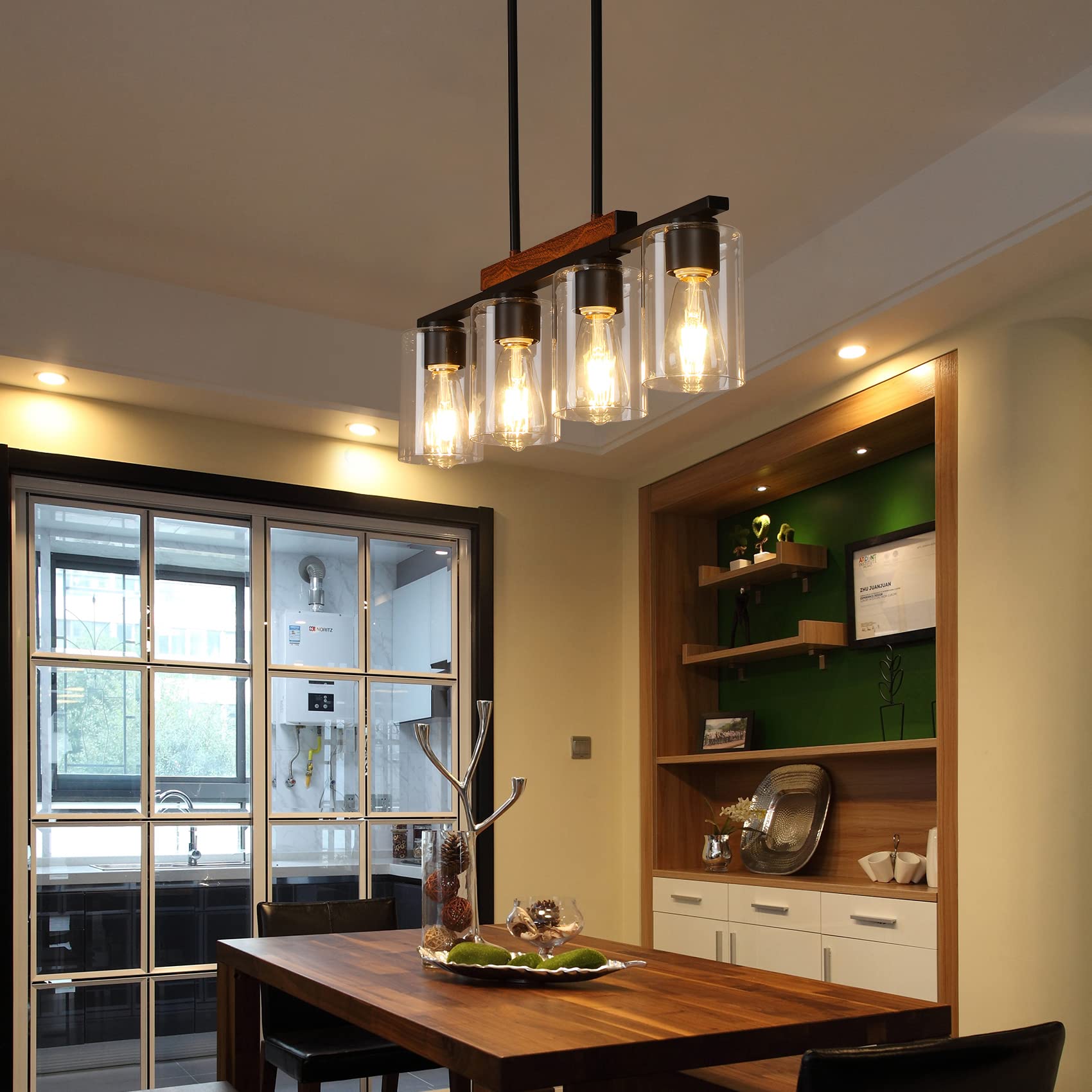 3 Lights Kitchen Island Lighting, Black Pendant Light Fixtures with Glass Shade Dining Room Light Fixture Adjustable Farmhouse Chandelier Modern Pendant Lights Ceiling Hanging Lighting E26 Base