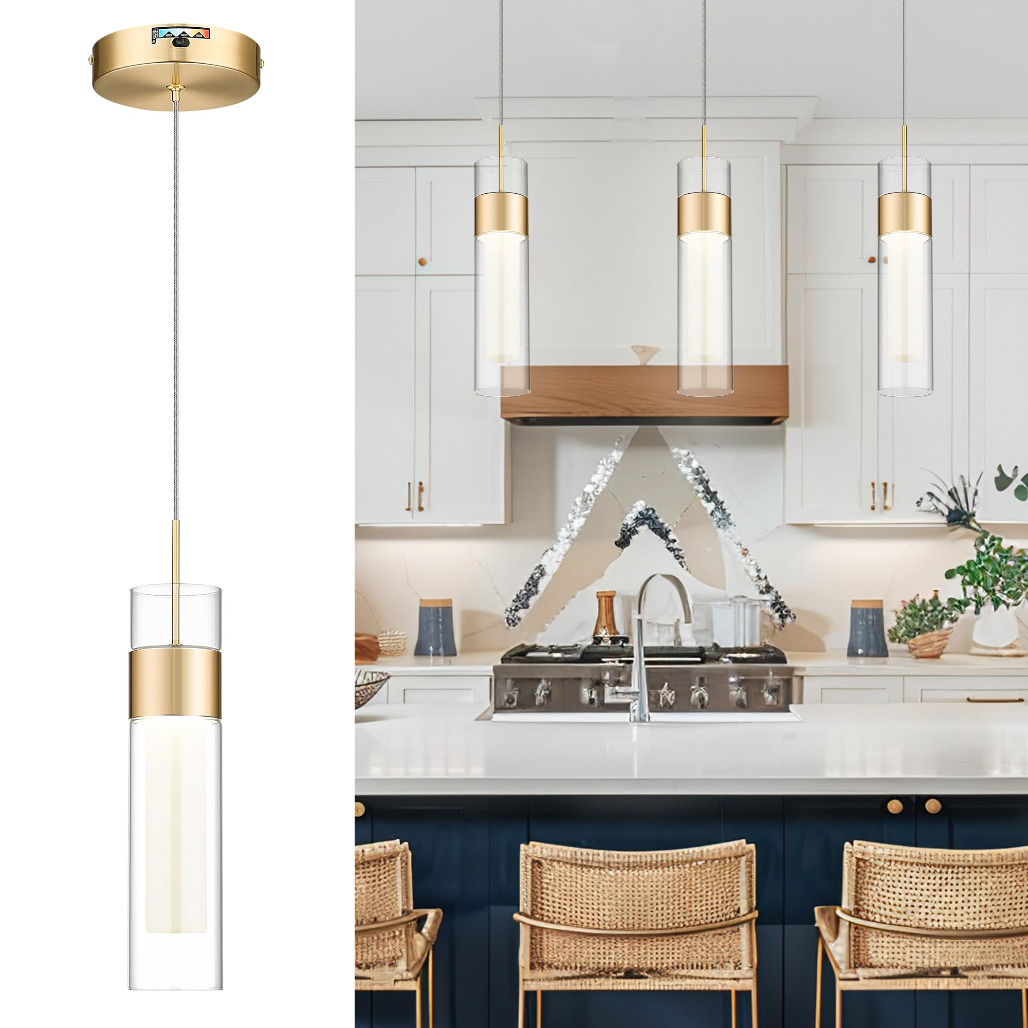 kudos Gold Pendant Light Fixtures, Modern LED Pendant Lights with Clear Glass and Milk Glass, Pendant Lights for Kitchen Island, KDPL10-GD