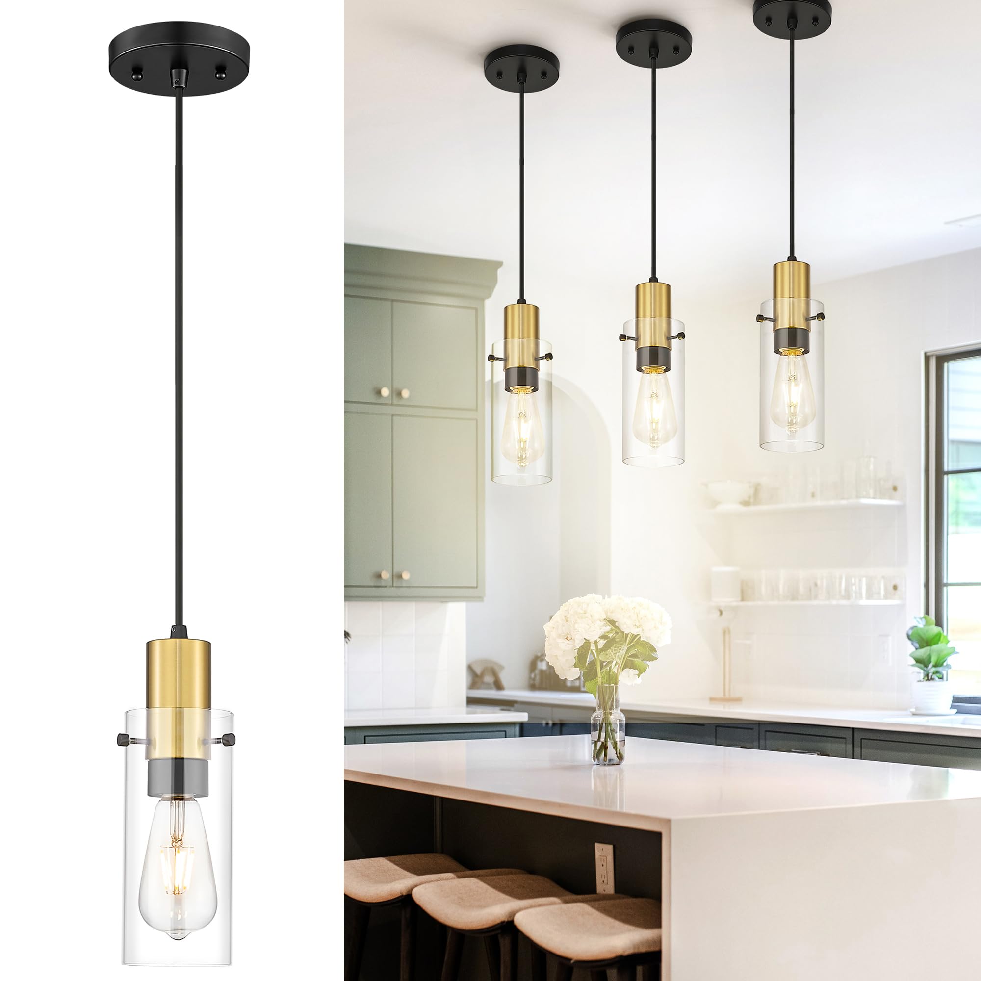 Emak Gold Pendant Light Fixtures, 3-Light Pendant Lights with Clear Glass Shade, Modern Farmhouse Hanging Lights for Kitchen Island, Dining Room, Bathroom, Bedroom, PL120-GD-CL