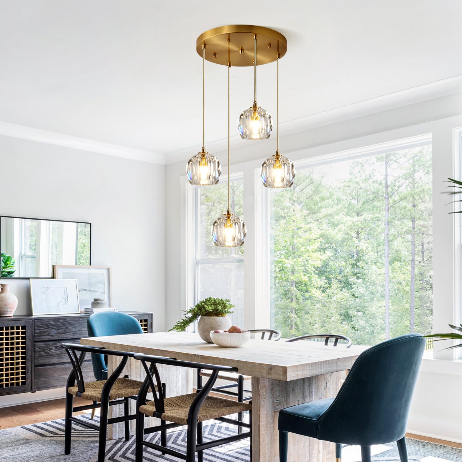 3-Light Cluster Pendant Lighting Crystal Chandelier Gold Hanging Pendant Light Fixture Mid Century Modern Multi Light Pendant Lighting for Dining Room Kitchen Island Bedroom