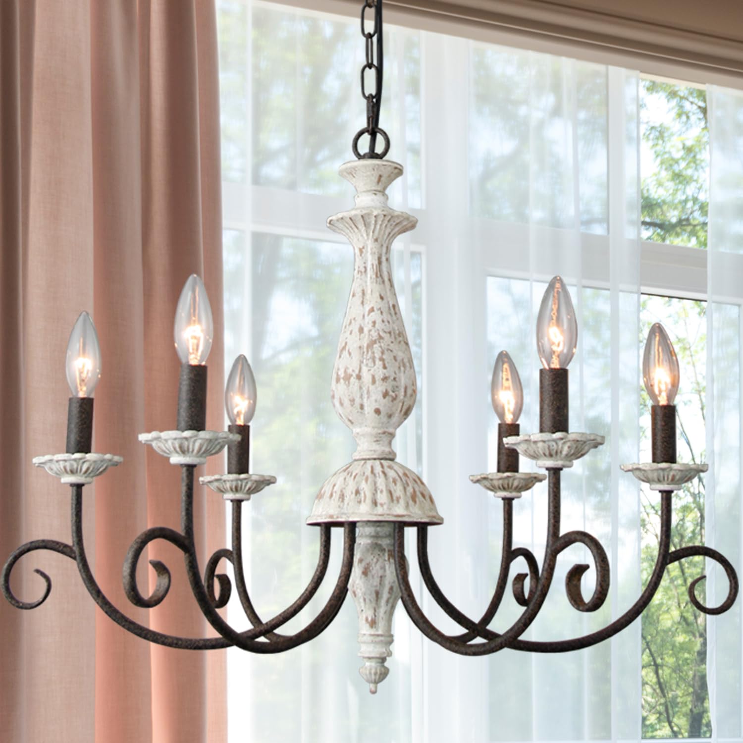 Farmhouse Chandelier for Dining Room, 6-Light French Country Lighting Handmade Distressed White Wood Candle Chandelier with Black Arm Metal Finish for Living Dining Room Bedroom (Dia 30”)