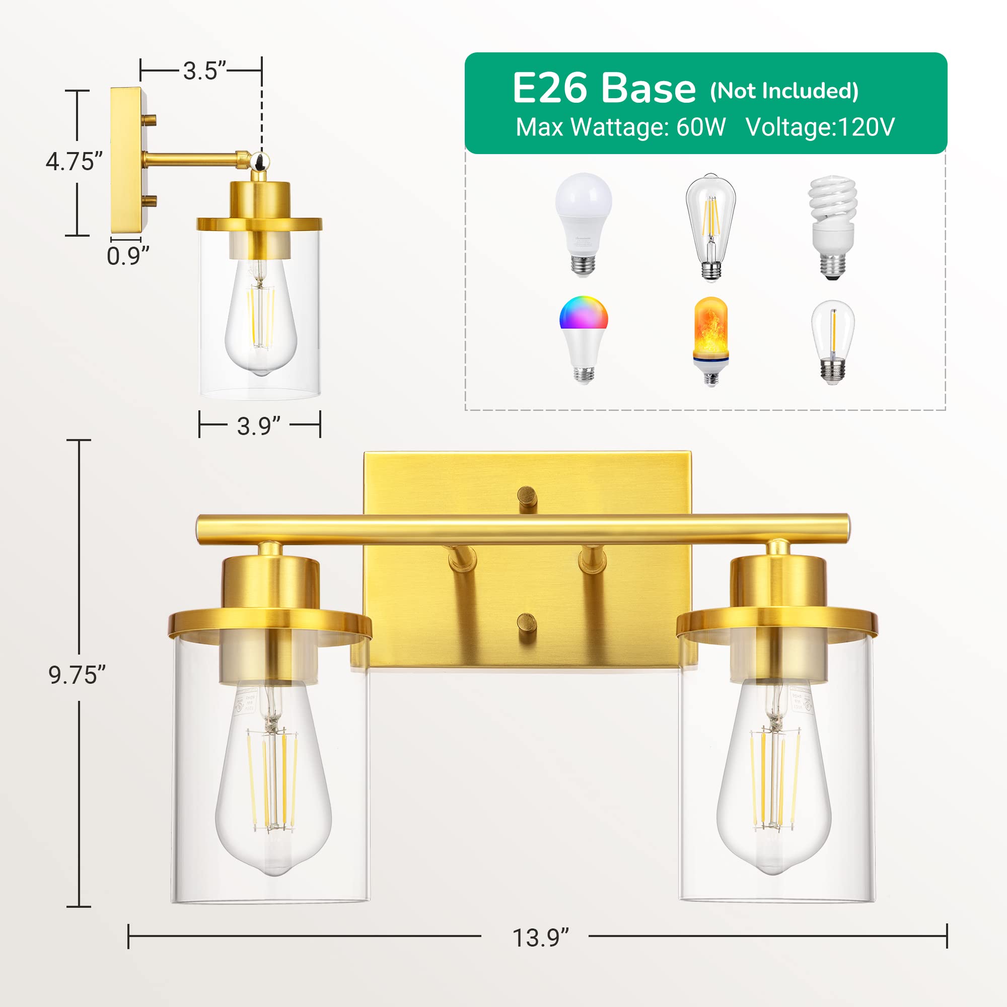 Bathroom Light Fixtures, 2 Light Bathroom Vanity Light Fixtures Brushed Nickel, Modern Wall Sconces for Bathroom, Vanity Table, Powder Room, Bedroom, Kitchen (E26 Base), ETL Listed