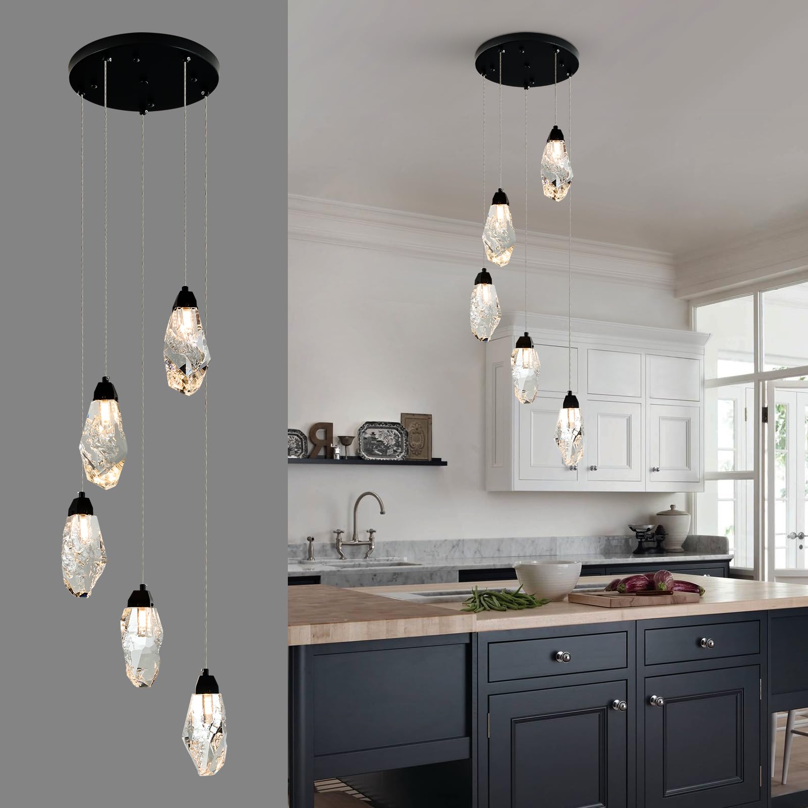 3 Lights Crystal Pendant Light Modern Cluster Chandelier - Dimmable LED Pendant Light Fixture with Brass Teardrop Design - Stylish Lighting for Kitchen Island, Dining Room, Hallway, Bathroom