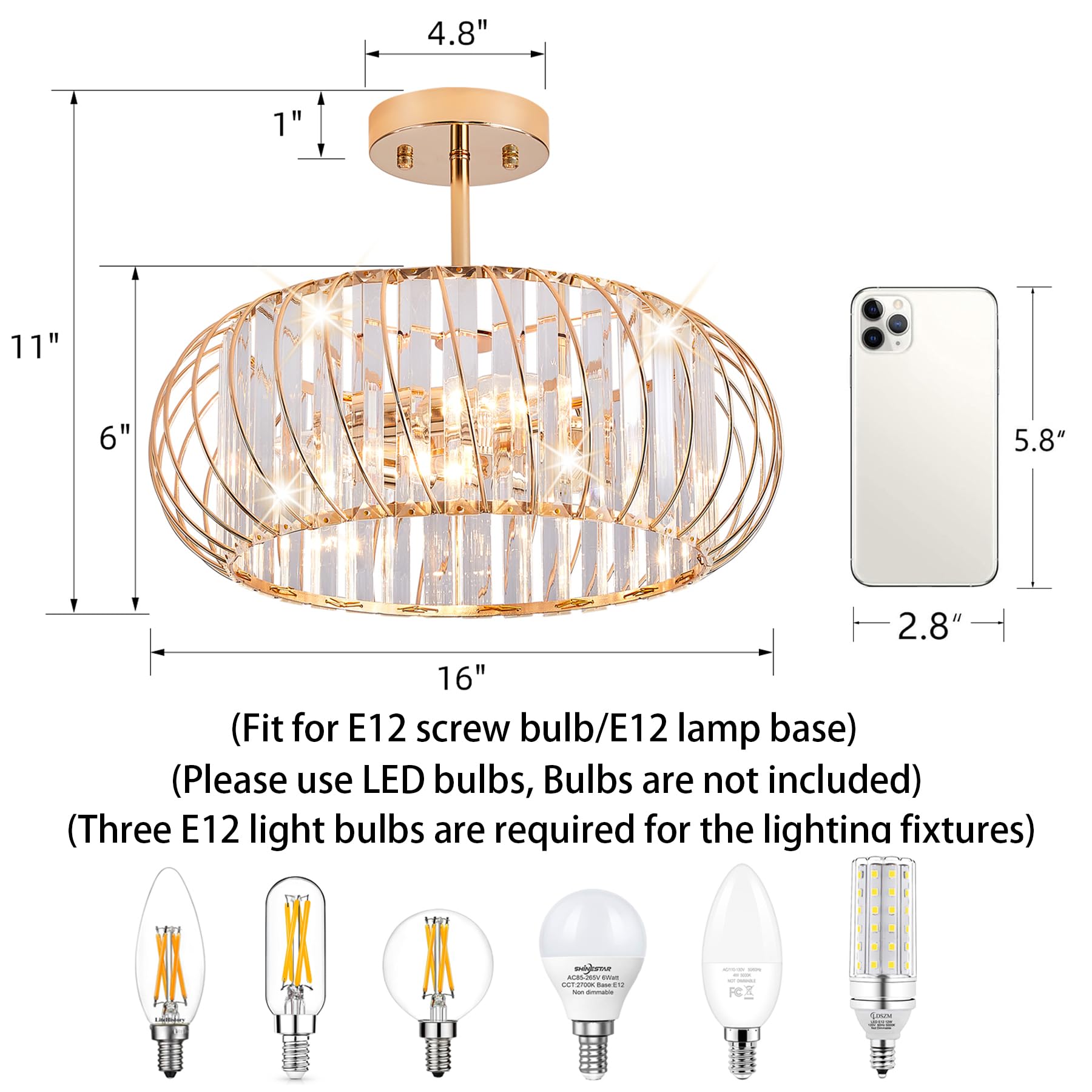 Semi Flush Mount Ceiling Light, 7.5 inch Black Metal Cage Hallway Ceiling Lamps, Farmhouse Ceiling Light Fixture, Industrial Crystal Chandelier for Corridor Bathroom Kitchen (Black 1 Pack)