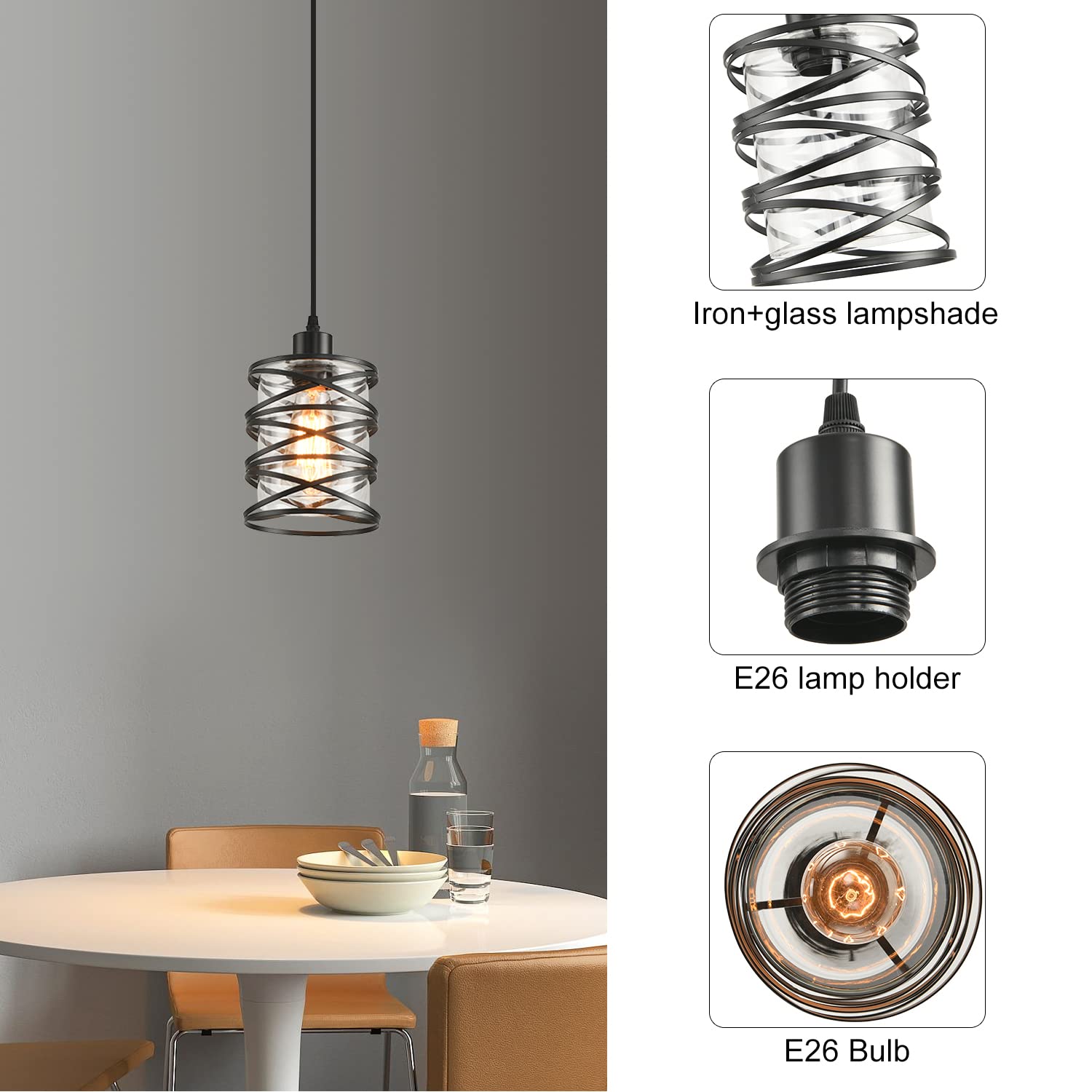 2 Pack Black Spiral Cage Pendant Lights with Clear Glass Shade, Suitable for Kitchen Island, Dining Table, Entryway, Restaurant