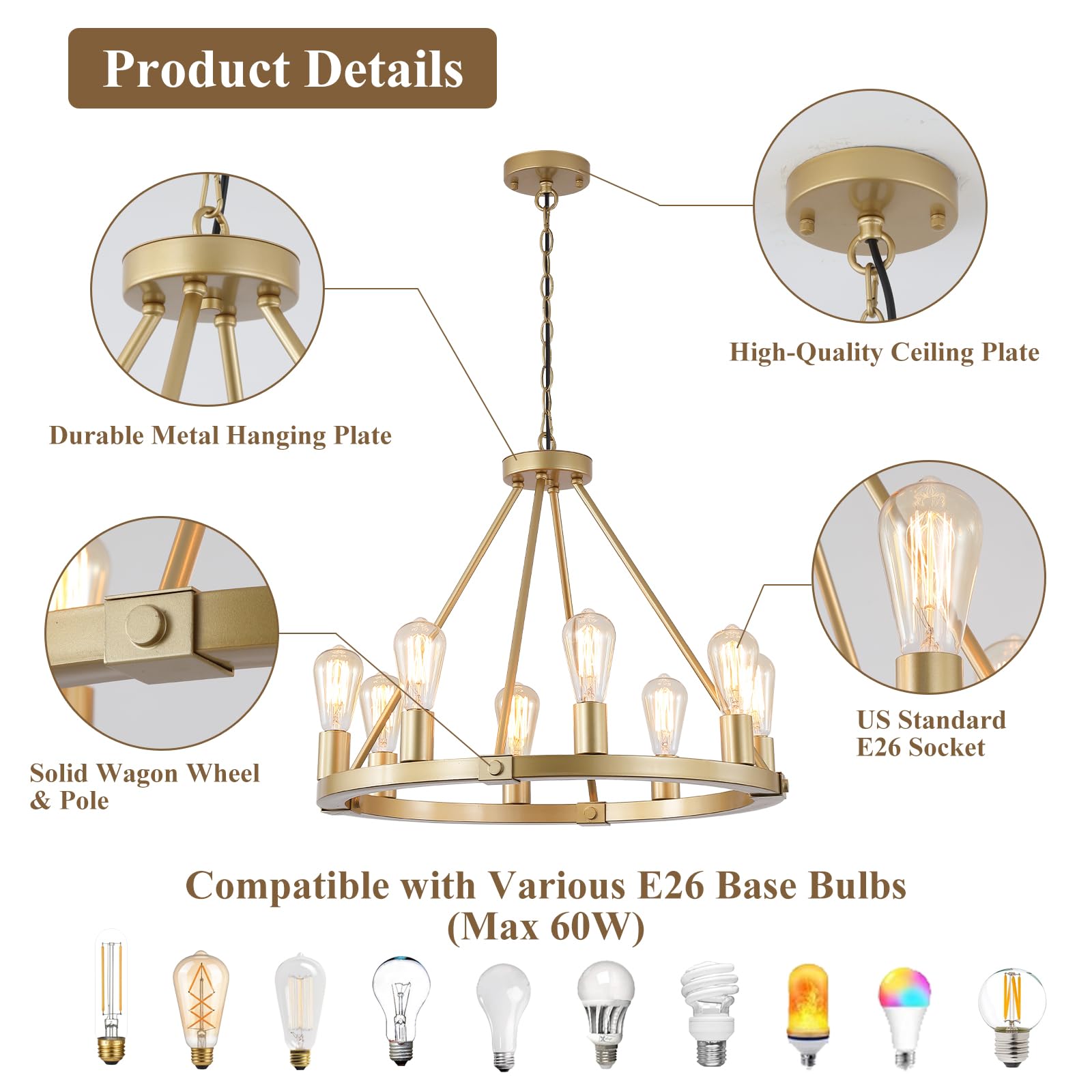 Gold Wagon Wheel Chandelier, 12-Light Industrial Pendant Light, 31.5'' Farmhouse Ceiling Hanging Chandelier Light Fixture for Living Room, Bedroom, Entryway, Foyer