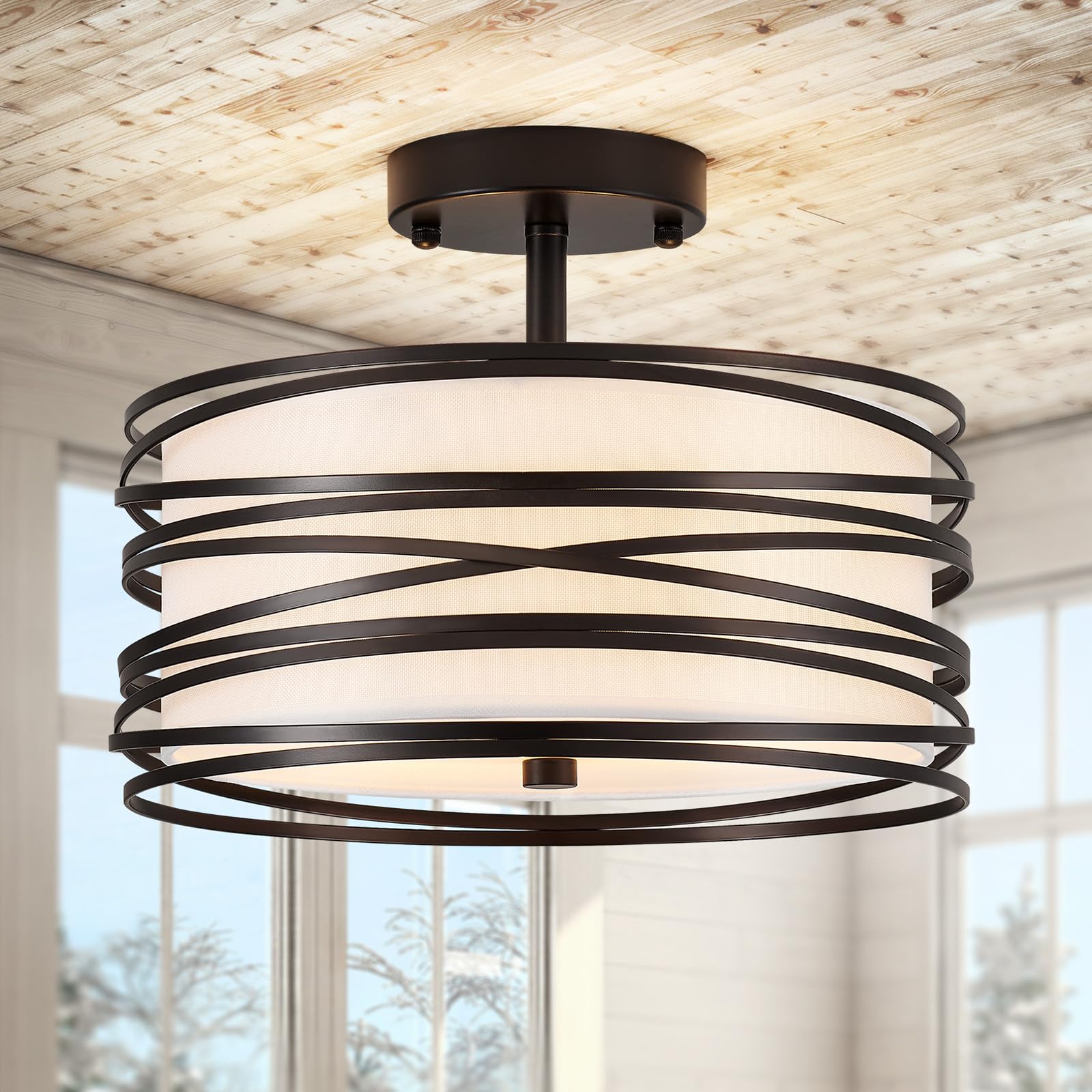 Drum Semi Flush Mount Ceiling Light Fixture Vintage 12.2“ Modern Farmhouse 2-Lights Linen Drum Ceiling Lighting Rustic Drum Golden Ceiling lamp for Dining Room, Bedroom, Laundry Room, Basement