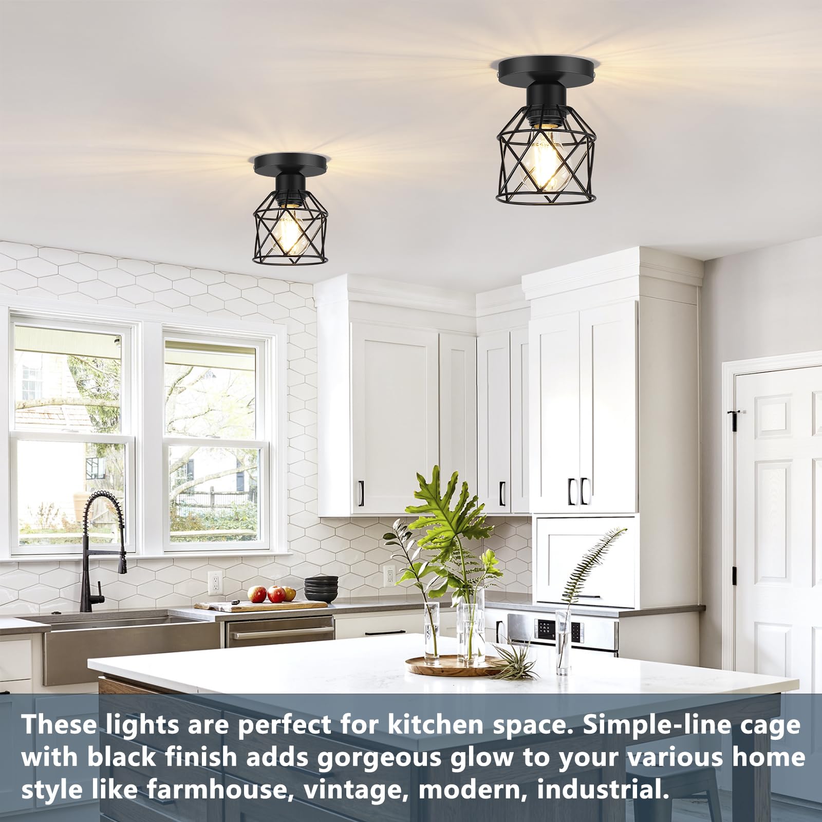 2-Pack Farmhouse Semi Flush Mount Ceiling Light, Black Hallway Light Fixtures Ceiling Mount, Small Metal Cage Indoor Ceiling Lamp for Kitchen Porch Bedroom (LED Bulbs Included)