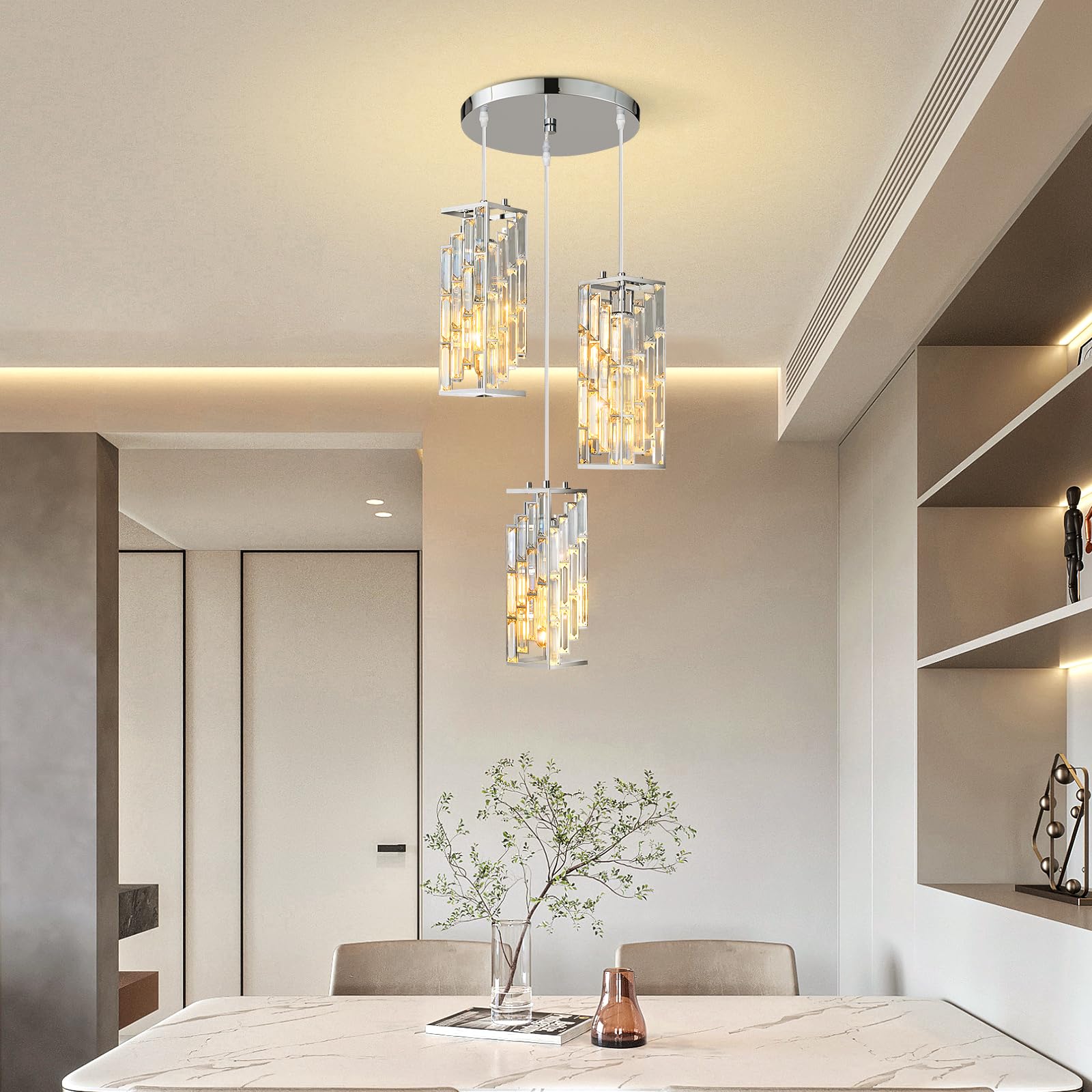 Gold Pendant Lighting Modern Pendant Light, Mini Crystal Chandeliers,Adjustable Pendant Light Fixture for Kitchen Island Dinning Room Bedroom (3 Pack)