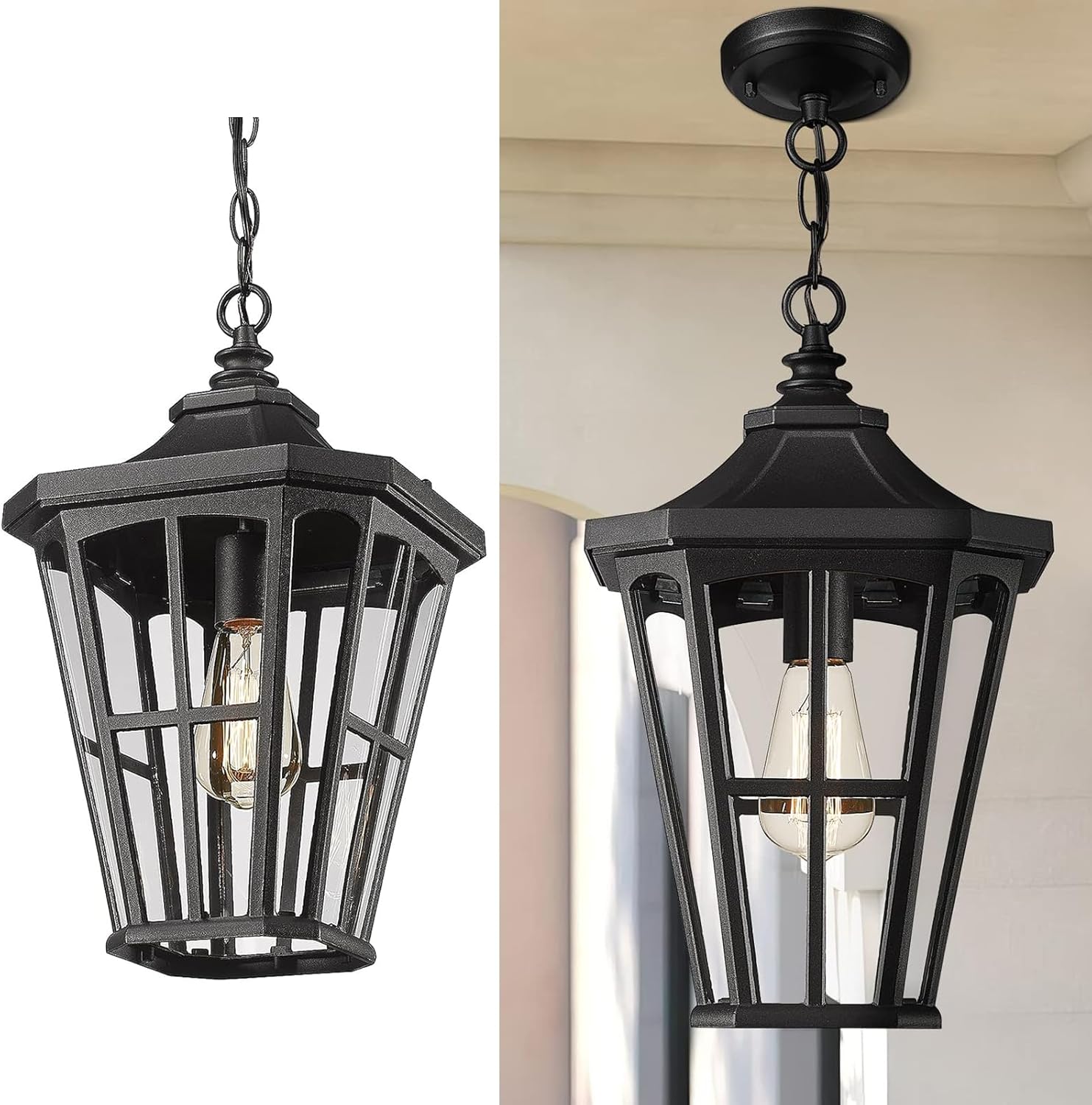 Farmhouse Outdoor Hanging Light for Porch - 16 Inch Large Exterior Pendant Light, Clear Glass Shade in Black Finish, XE221H BK