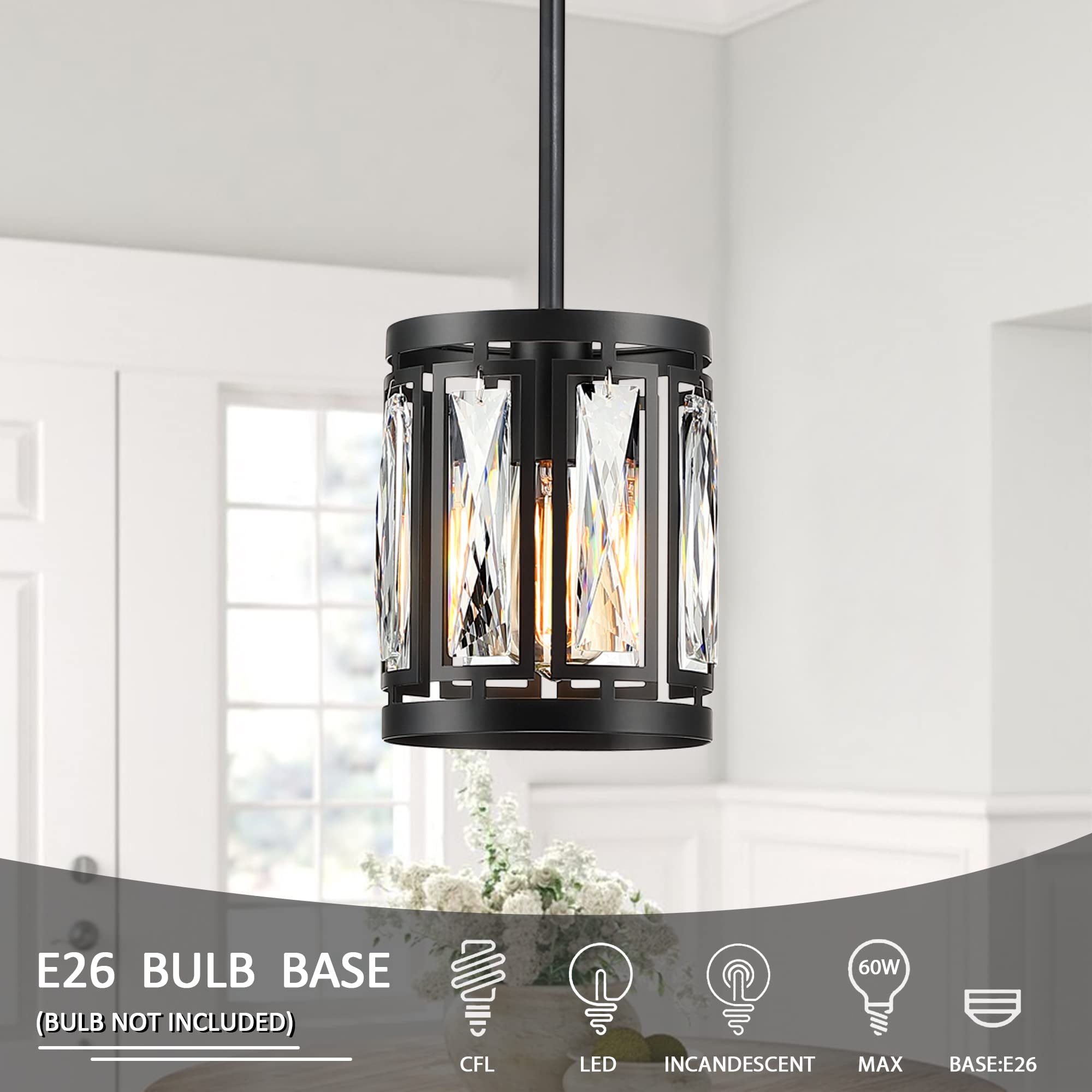 Crystal Pendant Lighting Fixture Matte Black Drum Shade Chandelier,2-Pack Pendant Lights for Kitchen Island Modern Ceiling Lights for Living Room