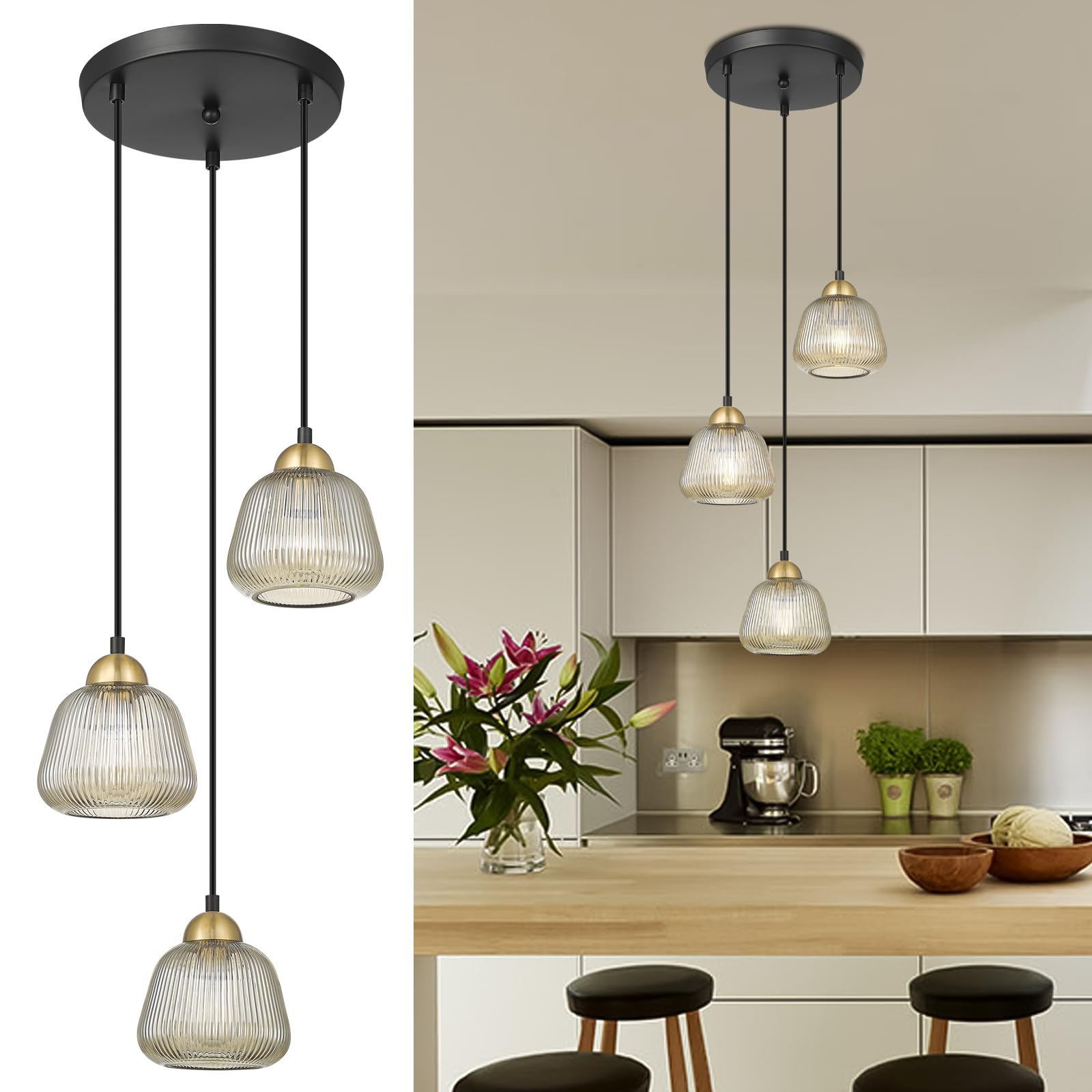 3-Light Hanging Pendant Lights, 7inch Modern Cognac Glass Shade Adjustable Height Pendant Light Fixture， E26 Base Pendant Light for Kitchen Island Living Room Hallway Lighting