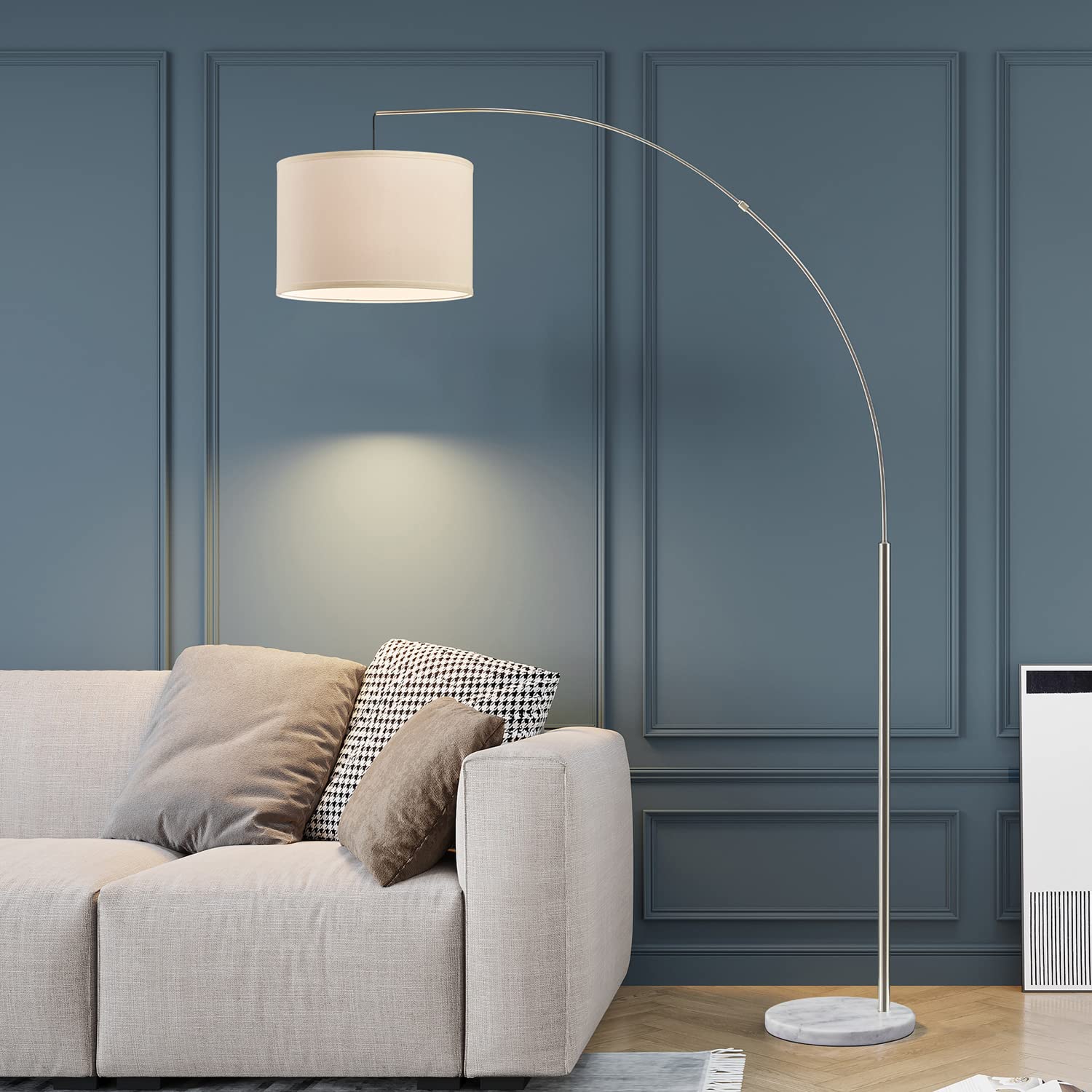 Modern Arc Floor Lamp for Living Room Arching Hanging Lamp Shade Over The Couch for Reading Bedroom Office Brushed Steel Arch Standing Floor Light Silver