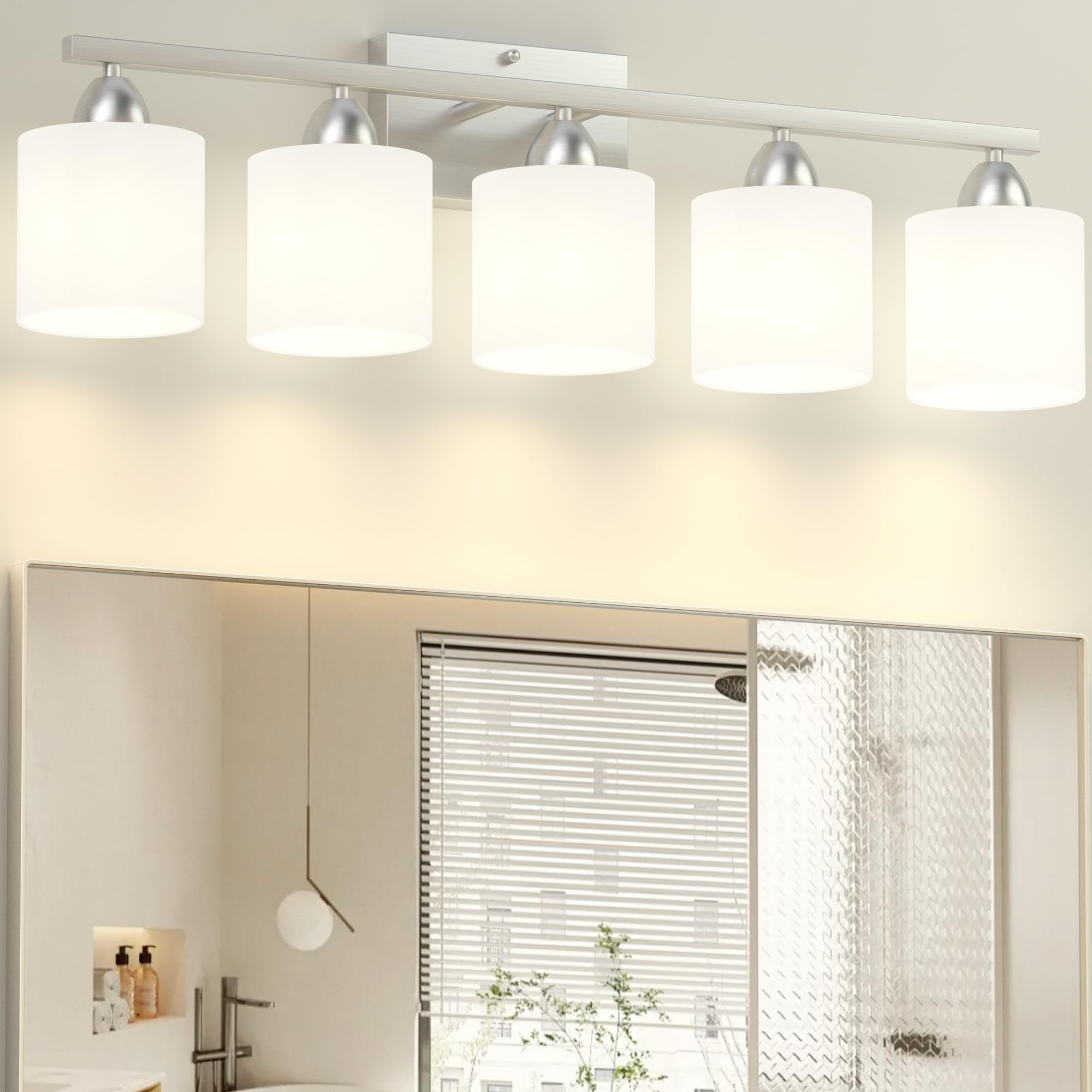 Bathroom Lighting Fixtures Over Mirror Brushed Nickel, Anti-Rust 3-Light Bathroom Vanity Lights, Modern 18Inches Wall Sconces E26 Base, Milky White Glass Shades, Bulbs Not Included