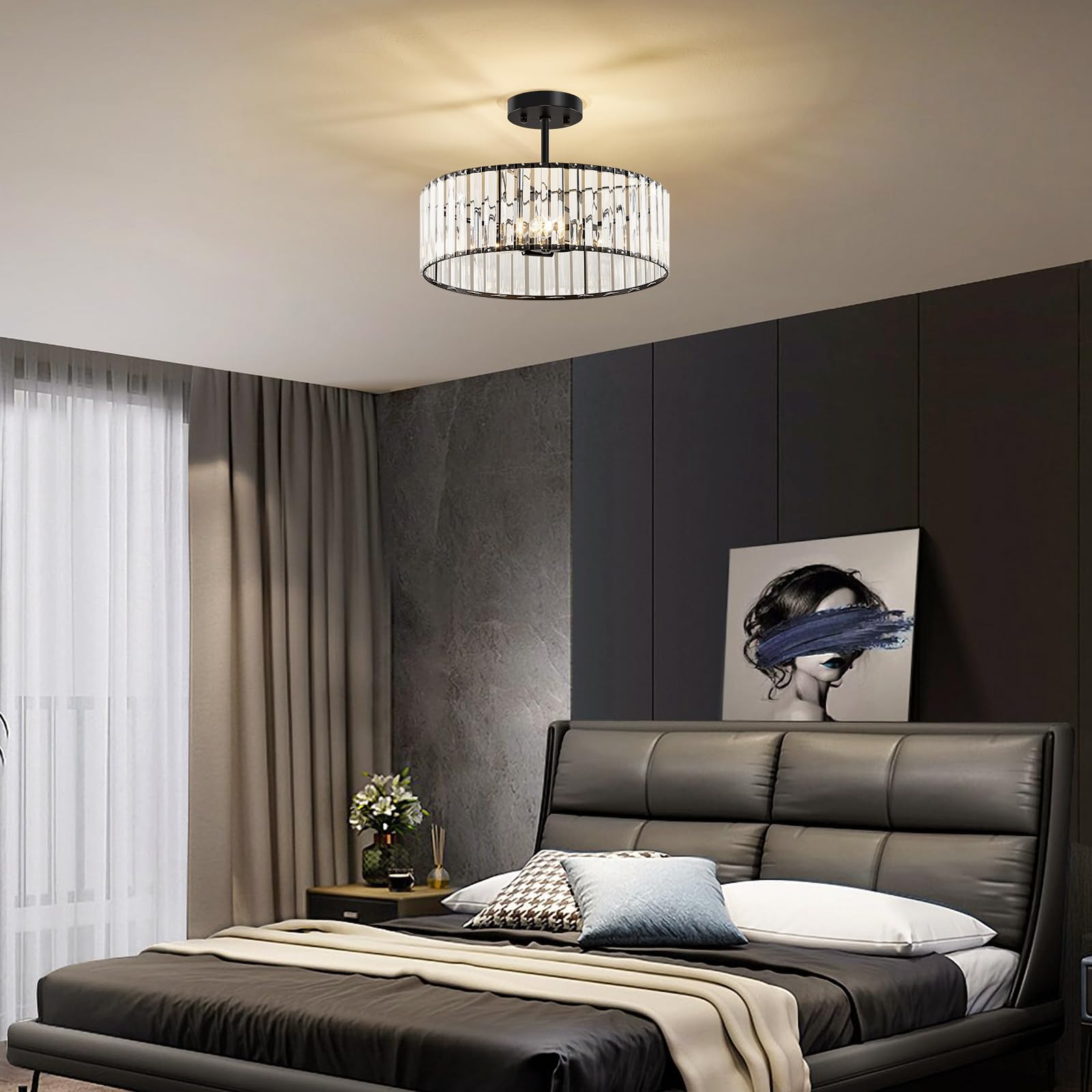 Modern Gold Semi Flush Mount Ceiling Light Crystal Hallway Light Fixture Metal Close to Ceiling Lamp for Kitchen Living Room Bathroom Entryway Bedroom