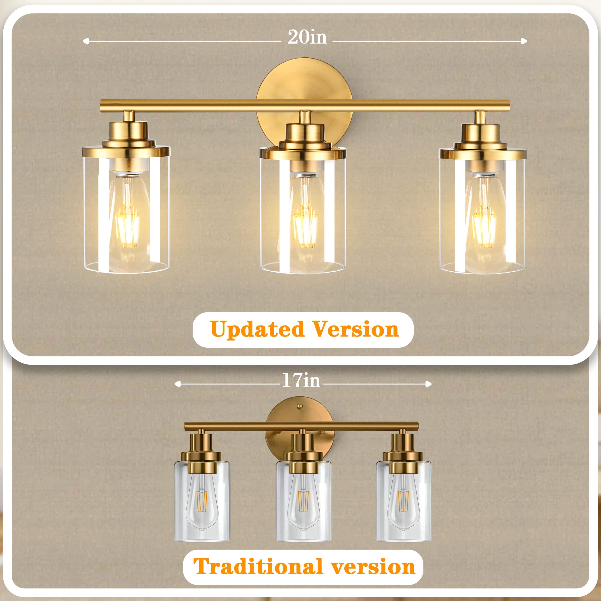 Bathroom Light Fixtures,Vanity Lights,Gold Bathroom Lights Over Mirror,Brushed Gold Vanity Light for Bathroom,20'' Brass Gold 3-Light Modern Bathroom Sconce