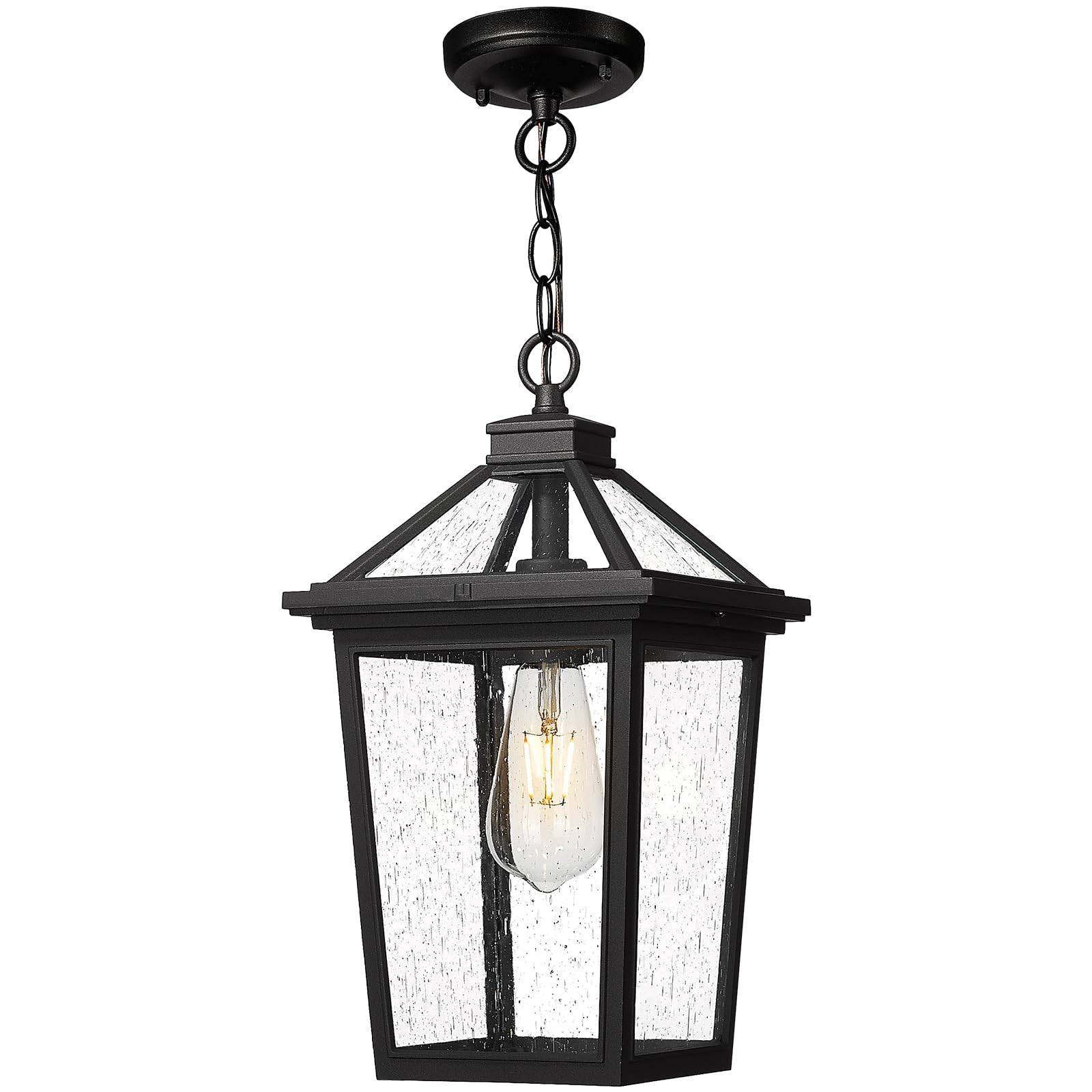 Farmhouse Outdoor Ceiling Hanging Light, 12 Inch Industrial Pendant Light Fixture for Front Porch, Die-Cast Aluminum in Black Finish with Seeded Glass, ZX58H BK