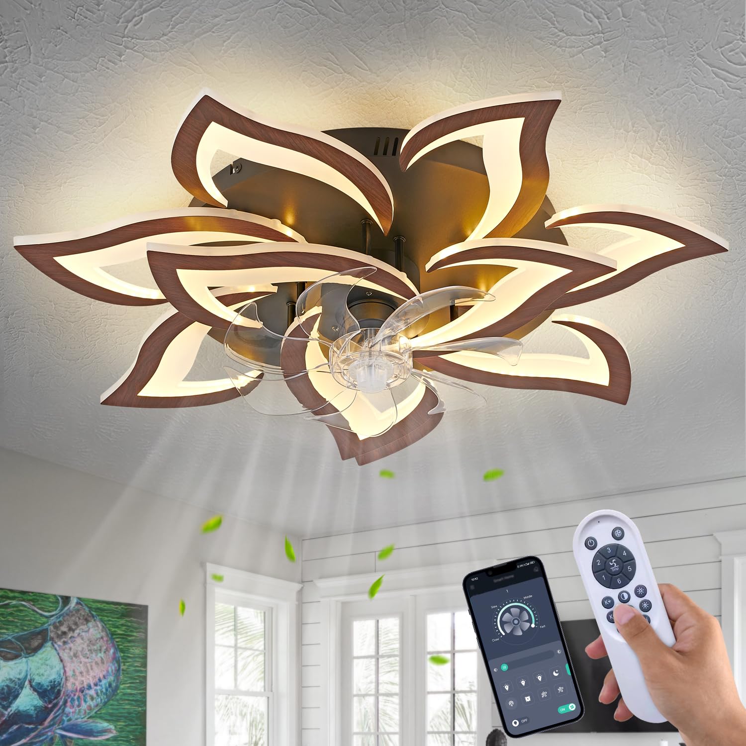 Ceiling Fan with Lights Remote Control, 24" Black, 6 Speeds 3 Light Color Low Profile Flush Mount Ceiling Fan for Kitchen Bedroom