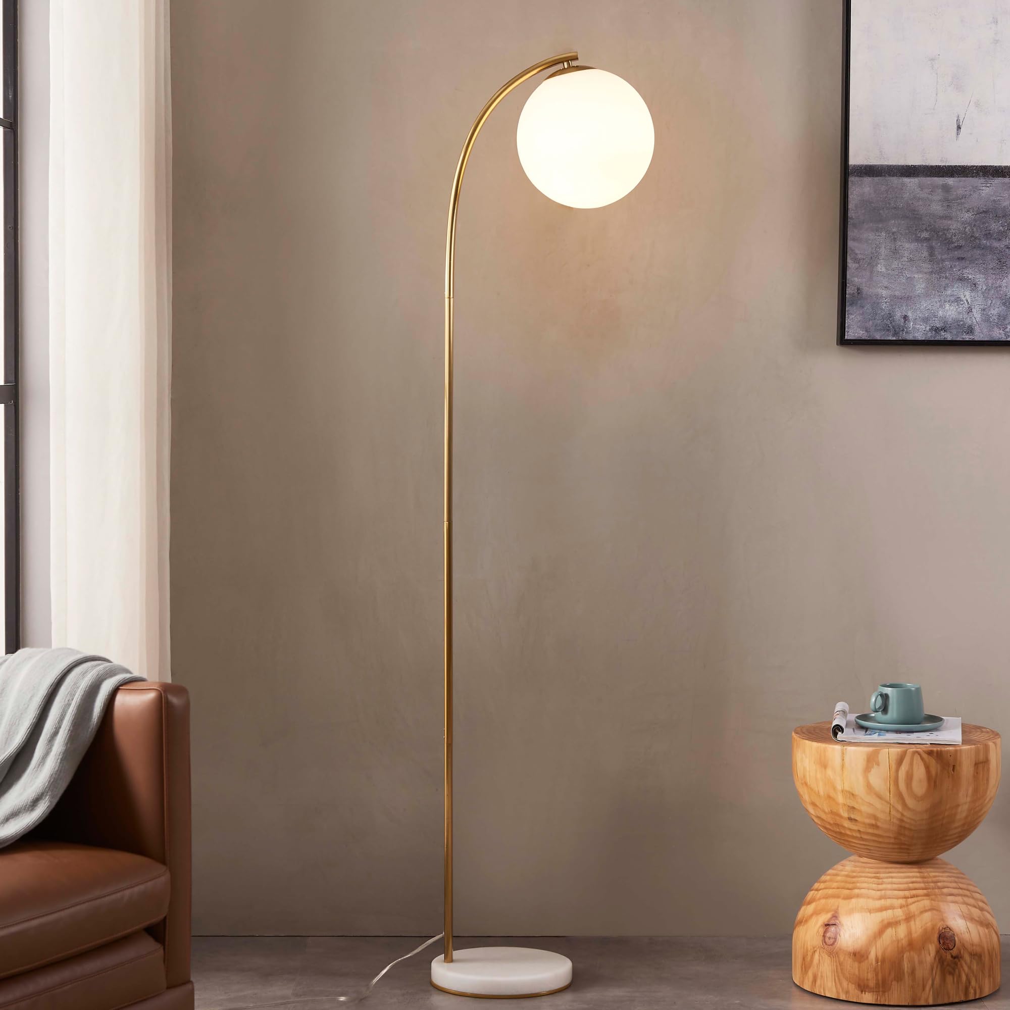 Luna Drop LED Floor Lamp, Frosted Glass Globe Arcing Living Room Lamp, Mid-Century Modern Standing Lamp for Living Rooms, Boho Rustic Indoor Tall Lamp for Bedrooms & Offices - Brass