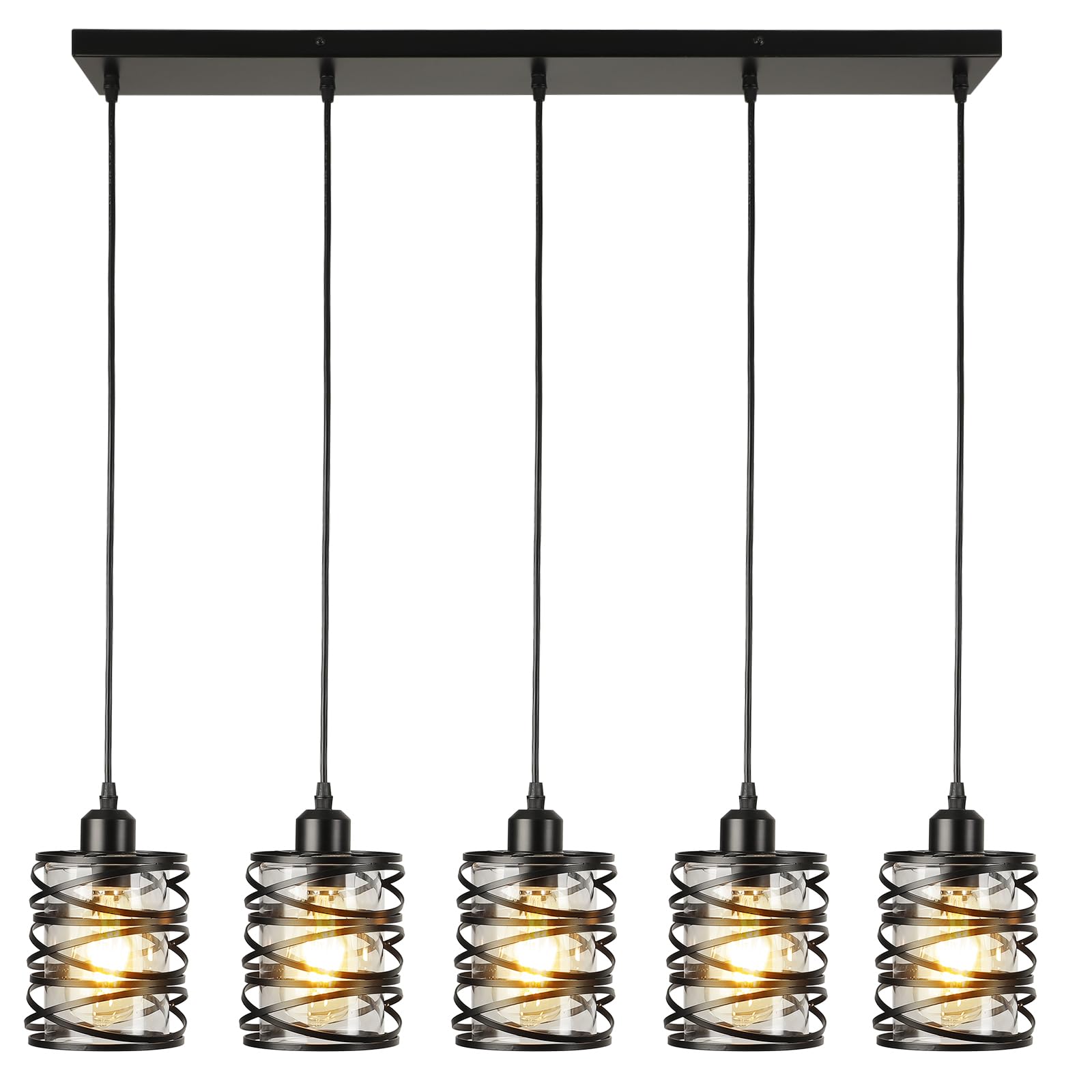 Brushed Nickel Pendant Lights for Kitchen Island, 5-Light Chandelier for Dining Room, Hanging Linear Chandeliers, Modern Dining Room Light Fixtures Pendant Light with Clear Glass Shades