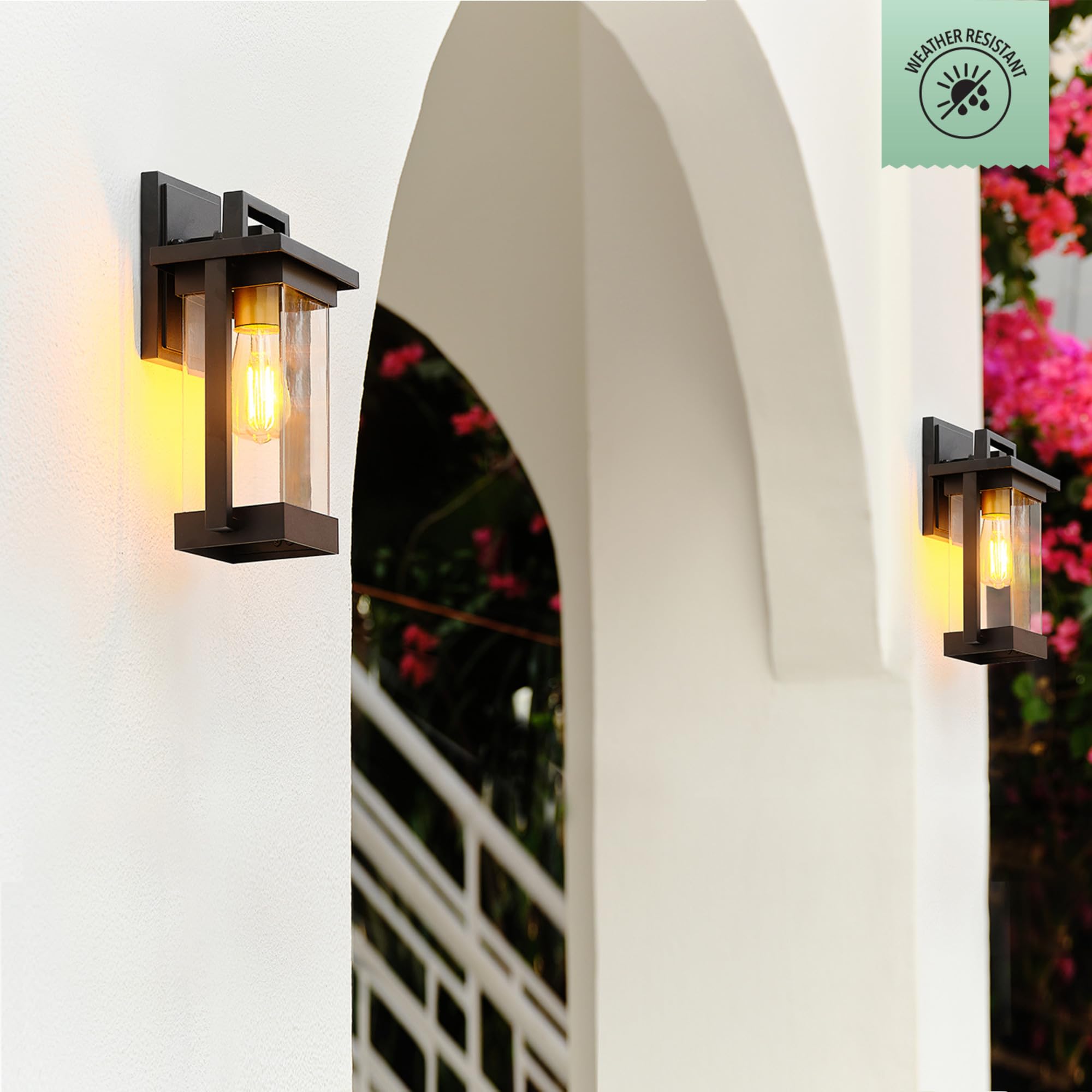 1-Light Outdoor Wall Sconce, Matte Black, Brass Accent, Clear Seeded Glass Shade, Outdoor Lighting Modern, Front Porch Décor, Outdoor Light Fixture, E26 Bulb, Patio Decor