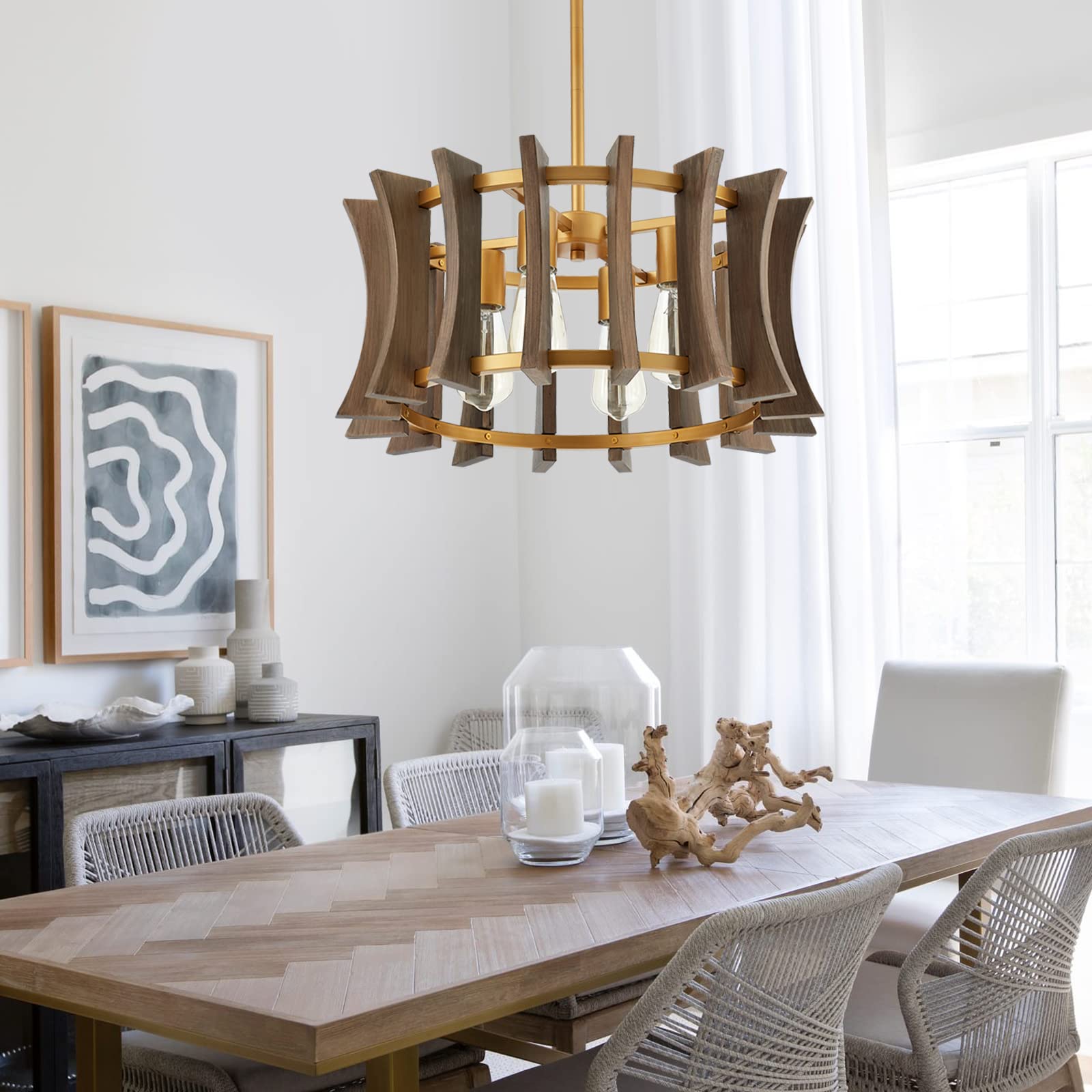 Industrial Wood Chandelier, with Antique Brass Brush Paint Finish Shade Pendant Lighting Fixture for Dining Room Kitchen Island Living Room Bedroom 4-Light