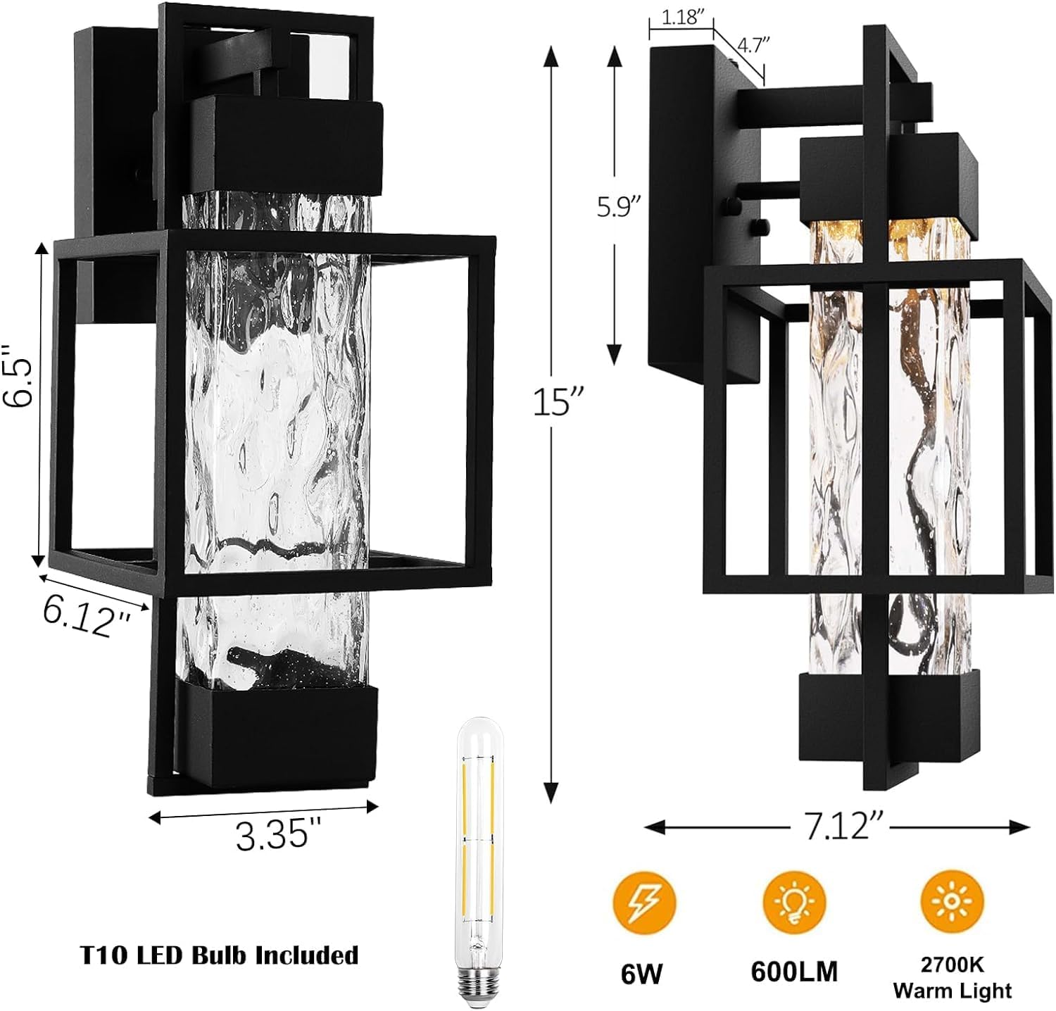 Modern Outdoor Light Fixture Dusk to Dawn Outdoor Lighting, 15" H Exterior Wall Sconce Waterproof Porch Light, Outside Light for House with Water Glass for Garage Doorway(Bulb Included)