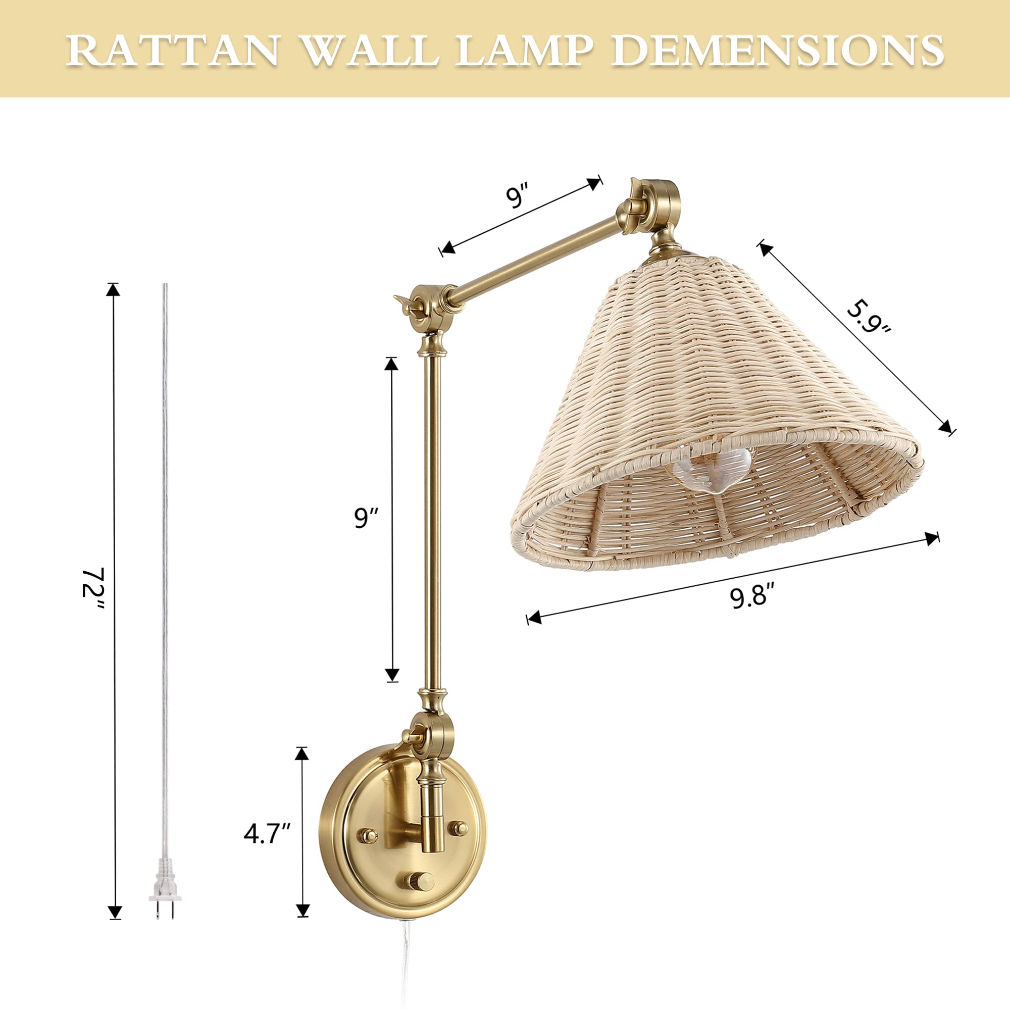 Wall Sconce Rattan Wrapped Wall Lamp, Adjustable Swing Arm Wall Light Gold Vintage Bedside Light Fixture Wicker Handmade Shade Brass Reading Light Plug in or Hardwire (2 Pack)