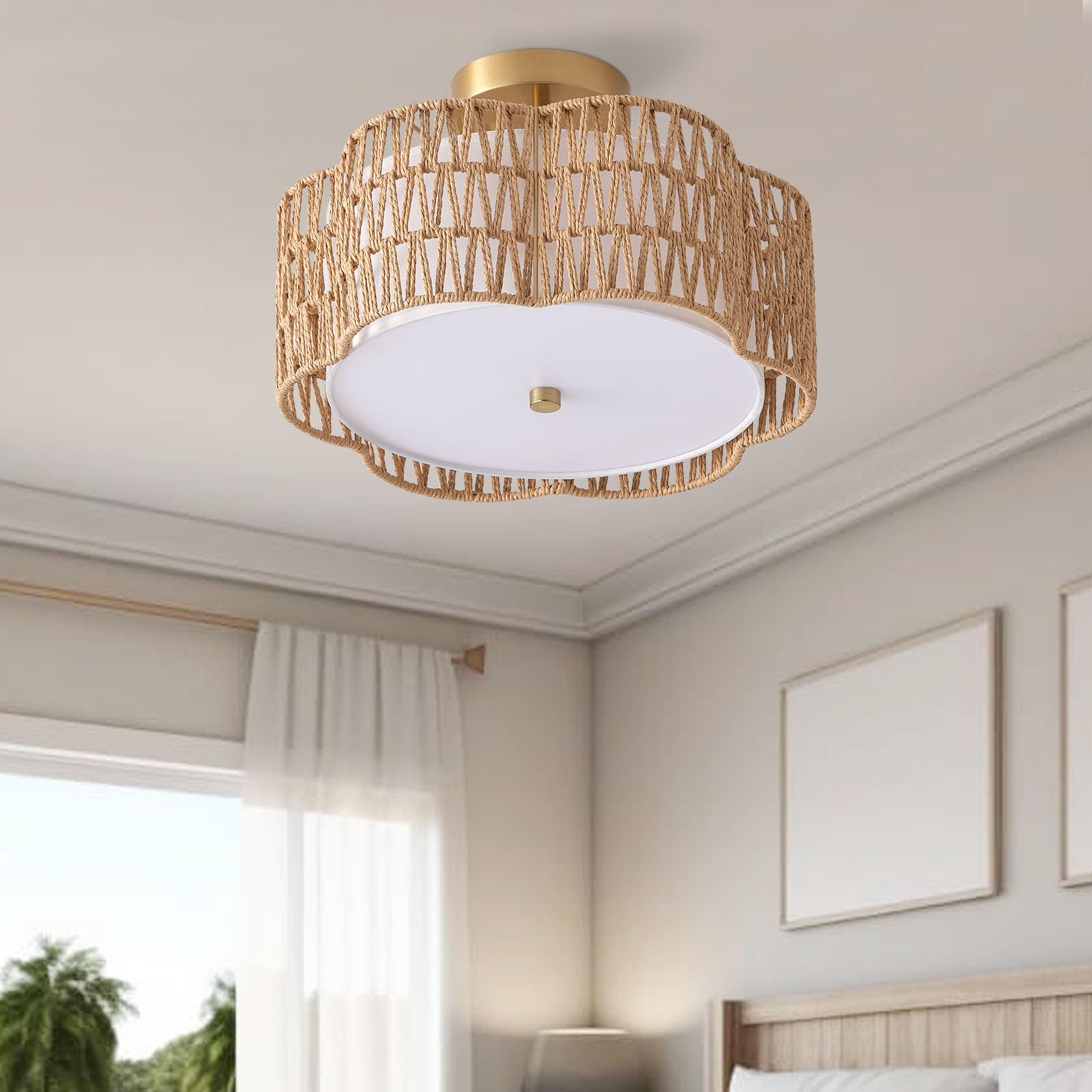 Rattan Ceiling Light Fixtures Flush Mount,3-Light Boho Light Fixtures Ceiling Mount for Bedroom,Close to Ceiling Light Modern Rattan Chandelier Lighting for Hallway Kitchen Dining Room(Yellow)