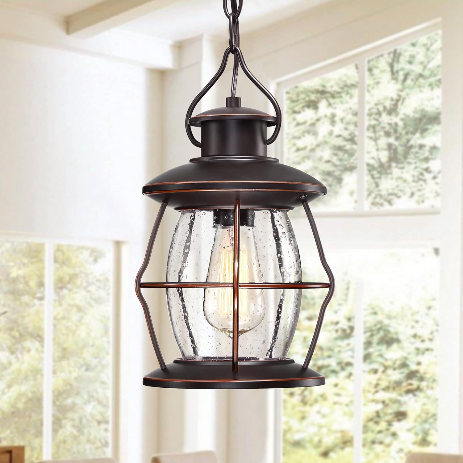 Outdoor Pendant Light, Farmhouse Exterior Hanging Light Fixture with Adjustable Chain,Oil Rubbed Bronze Porch Light with Bubble Glass for Front Door Ceiling Entry Patio