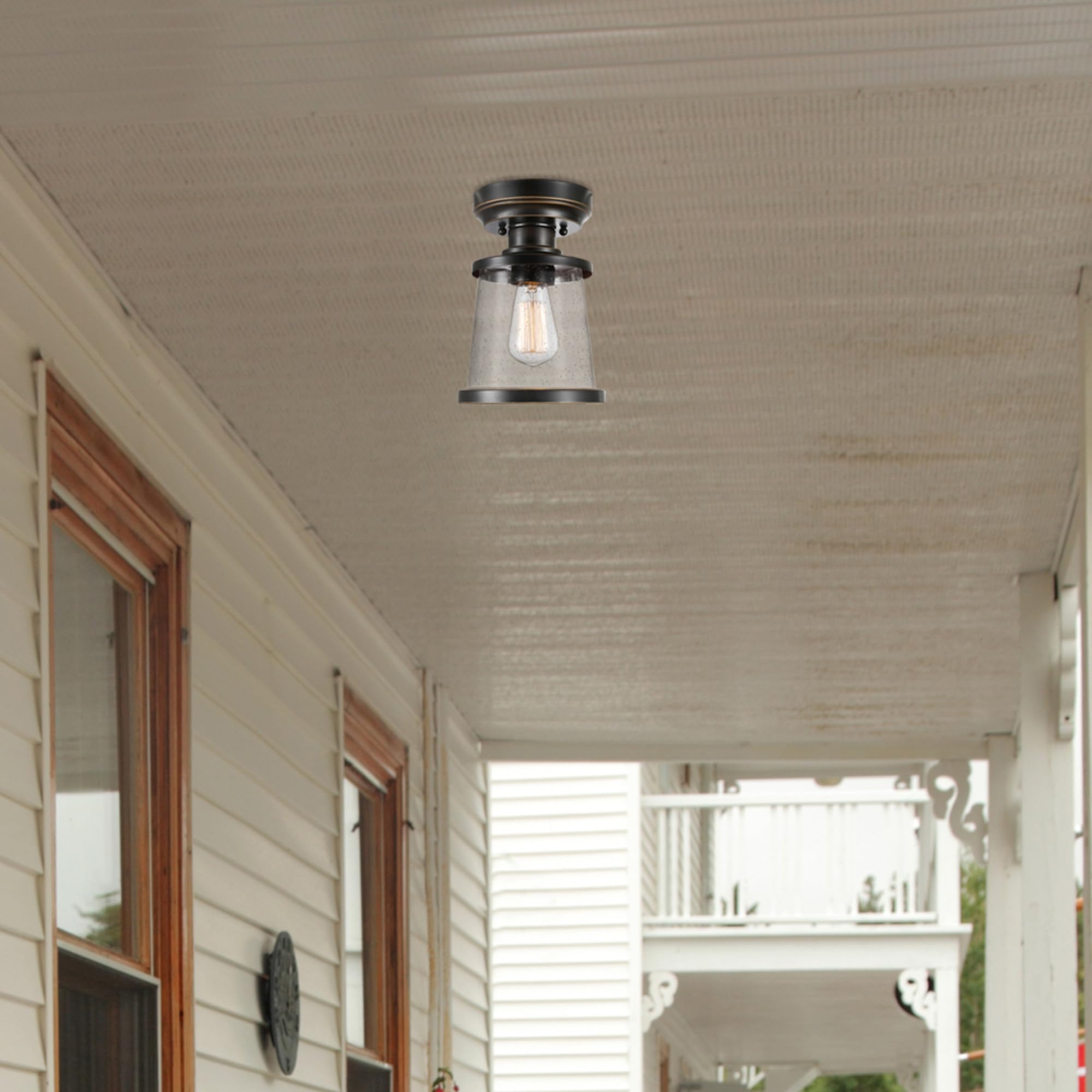 1-Light Outdoor/Indoor Semi-Flush Mount Ceiling Light, Oil Rubbed Bronze, Clear Seeded Glass Shade, Bulb Not Included