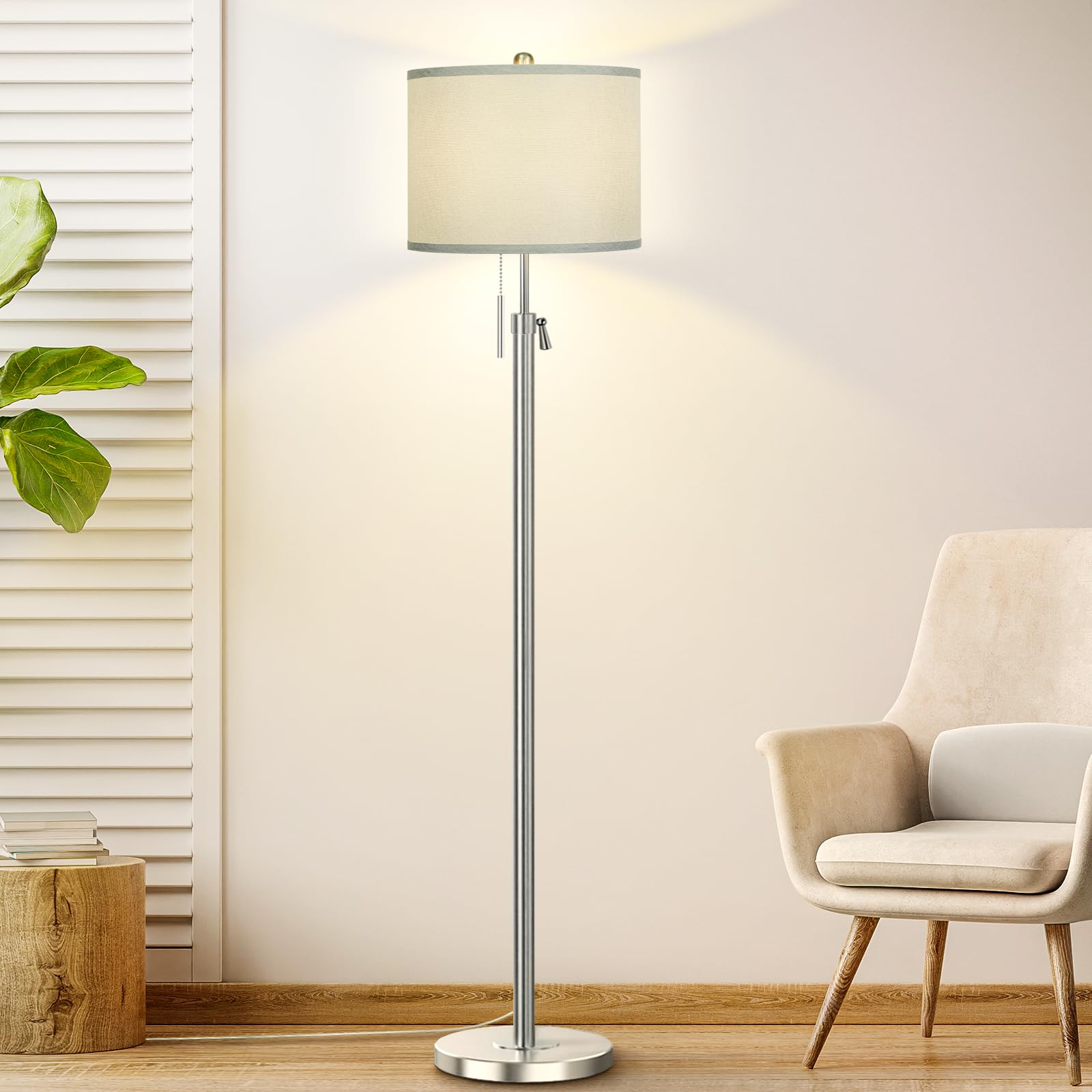 Floor Lamp for Living Room Adjustable Tall Standing Lamp, 3-Way Dimmable Floor Lamp for Bedroom Office, Black Gold Lamp with Marble Base and White Linen Shade, 6W 3000K LED Blub Included