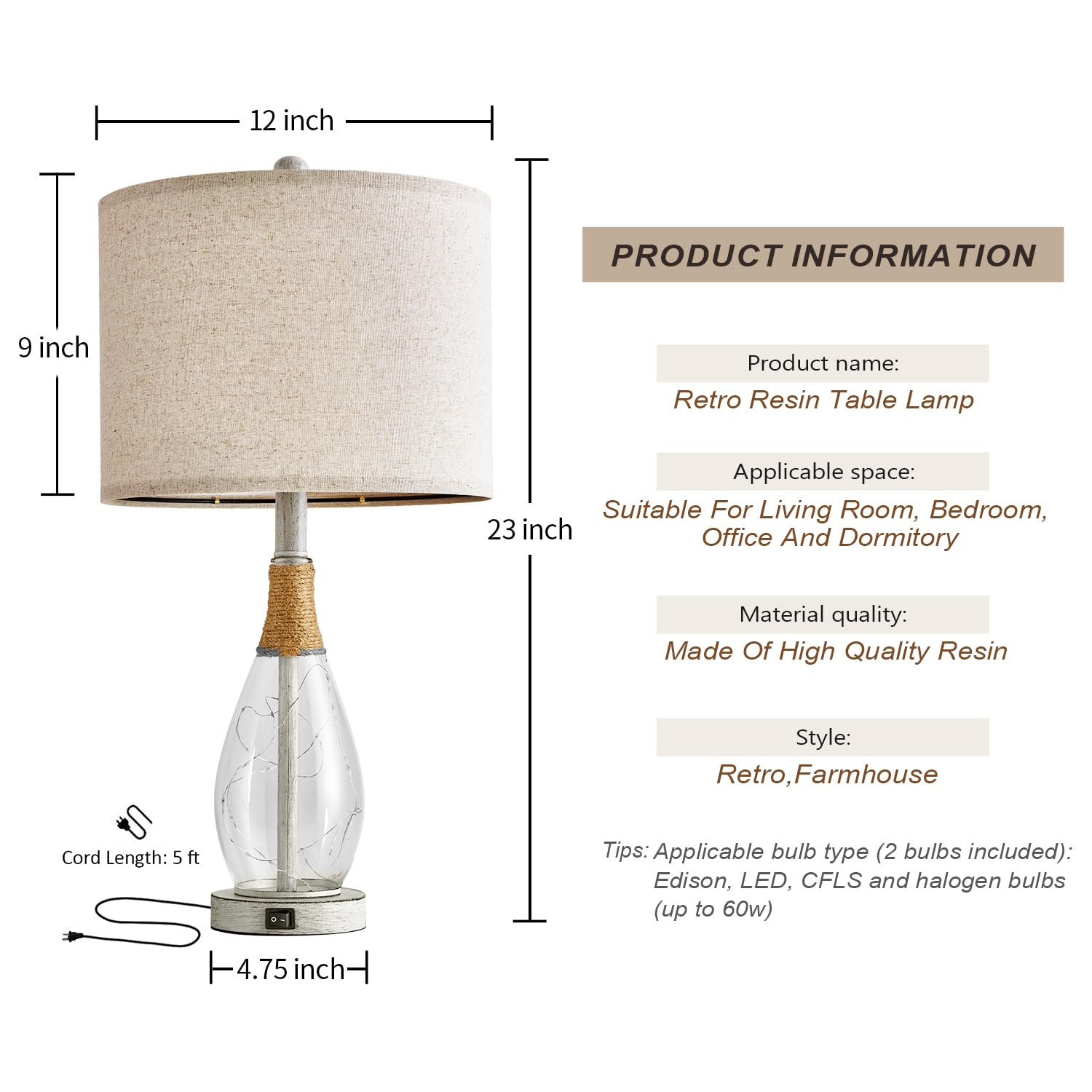 23" Table Lamps for Living Room Set of 2 Bedside Lamps for Night Stands Bedroom Lamps Farmhouse Rattan Boho Lamp Glass Nightlight End Table Lamp with USB C+A (White)