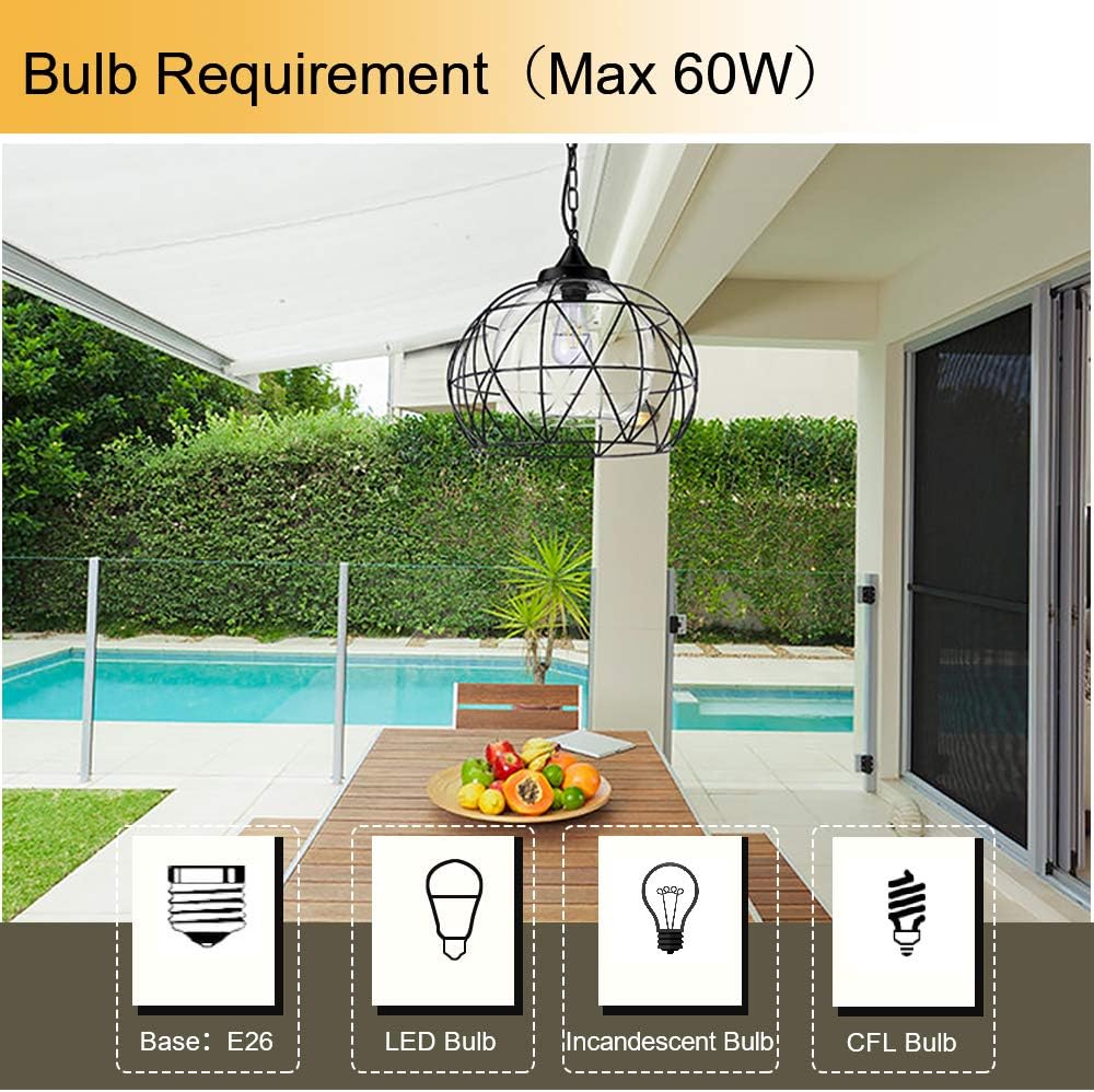 1-Light Hanging Lights,14.5 Inch Outdoor Chandelier Black Cage Pendant Lighting with Glass Shades, Porch Gazebo Barn Light Fixture Perfect for Dining Room, Bar, Aisle, Hallway, Entryway, Foyer