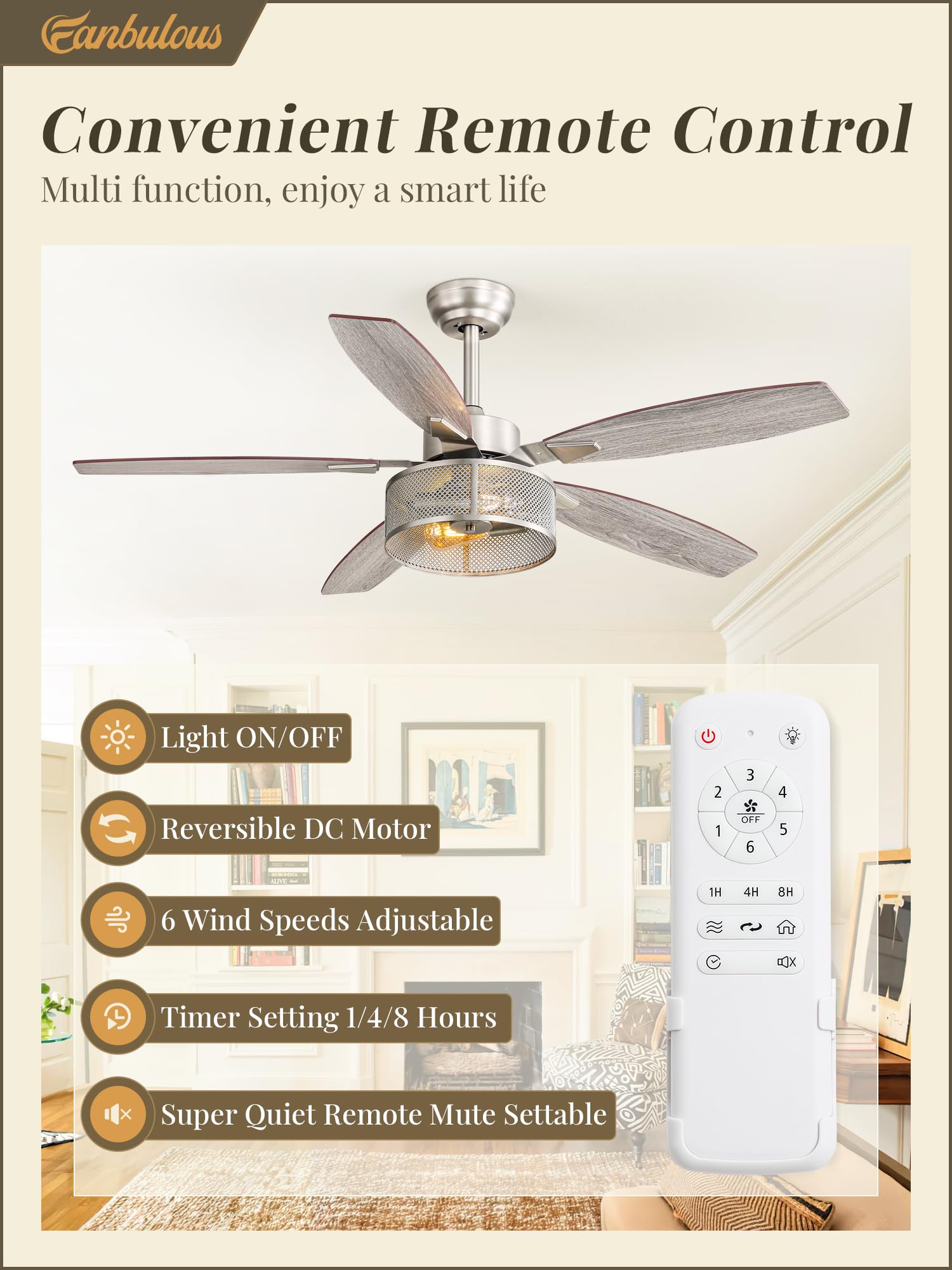 Farmhouse Ceiling Fans with Lights and Remote, 52 Inch Black Industrial Caged Ceiling Fans for Bedroom Living Room Kitchen, 6 Speed Reversible Quiet DC Motor, Dual Finish 5 Blades