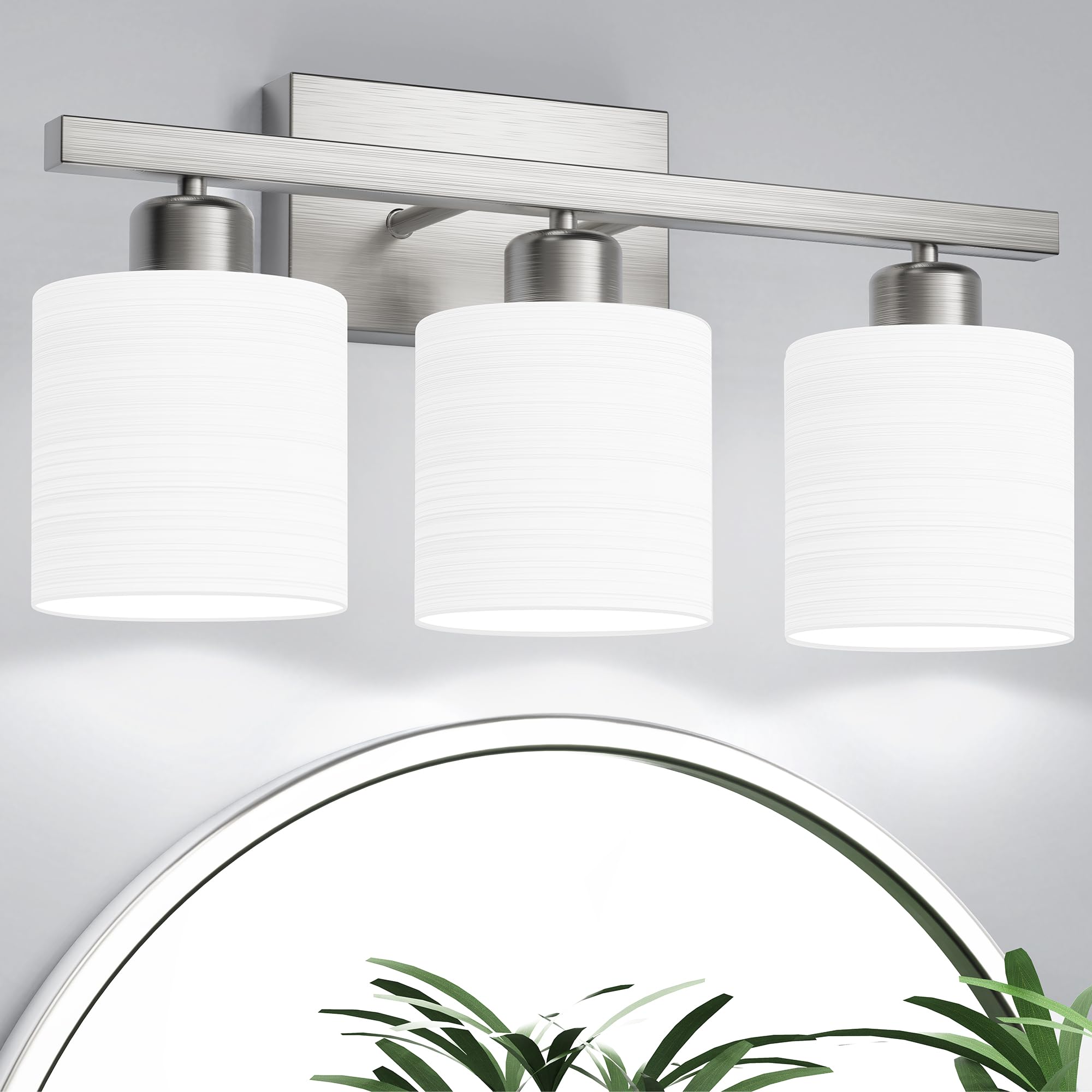 Bathroom Light Fixtures, Bathroom Lighting Fixtures Over Mirror, Classic Vanity Lights, Modern Bathroom Vanity Light with Textured Frosted Opal White Glass Shades, Brushed Nickel, 3-Light