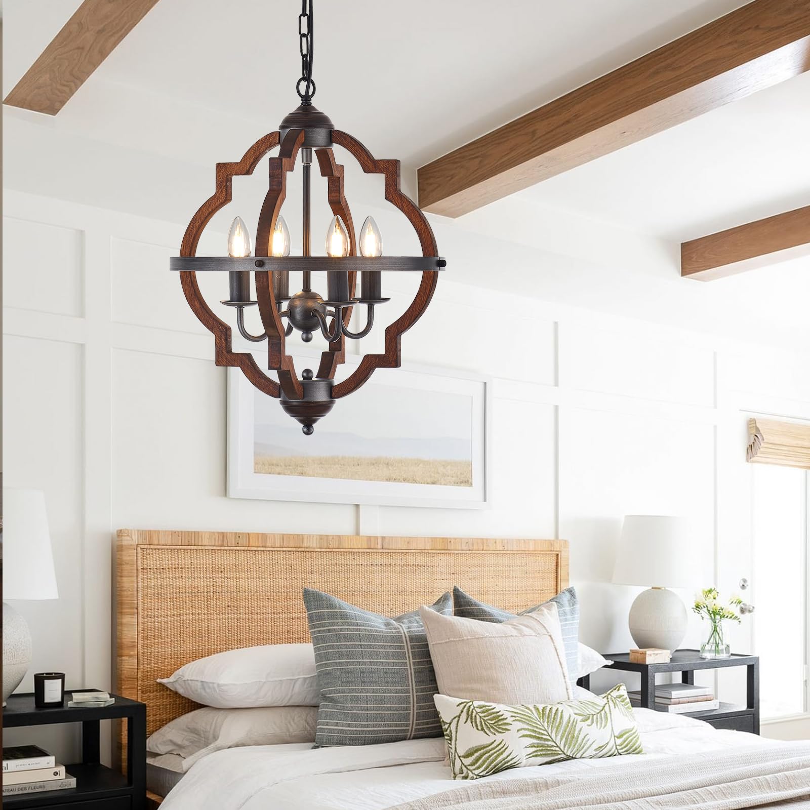 Wood Chandelier Light Fixture Antique Farmhouse 23.6" Caged Candle Style Ord Chandelier Industrial Rustic 6-Lights Wooden Chandelier for Dining Room, Kitchen, Living Room, Bedroom, E12