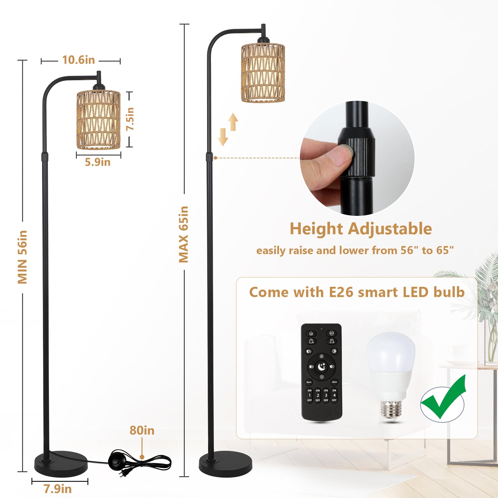 Modern Gold Floor Lamps for Living Room, Boho Rattan Floor Lamp with Remote & Dimmable LED Bulb, Farmhouse Standing Lamp with Rattan Shades, Minimalist Tall Pole Lamp for Bedroom Office