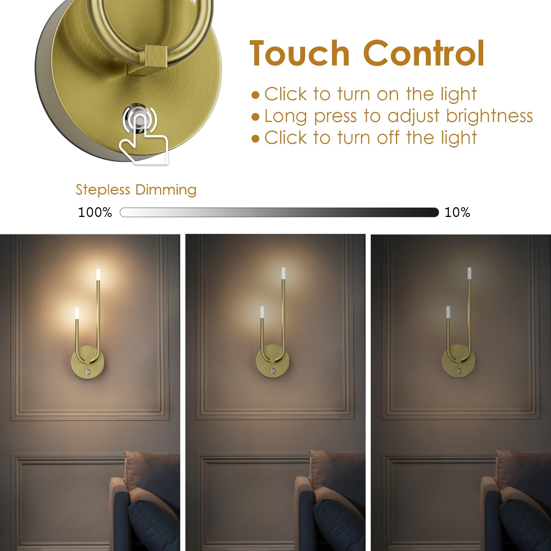 Gold Battery Operated Wall Sconce Set of 2, Modern LED Rechargeable Wall Sconce Stepless Dimming Wireless Wall Lights for Bedroom,Living Room,Hallway Warm Light 3000K