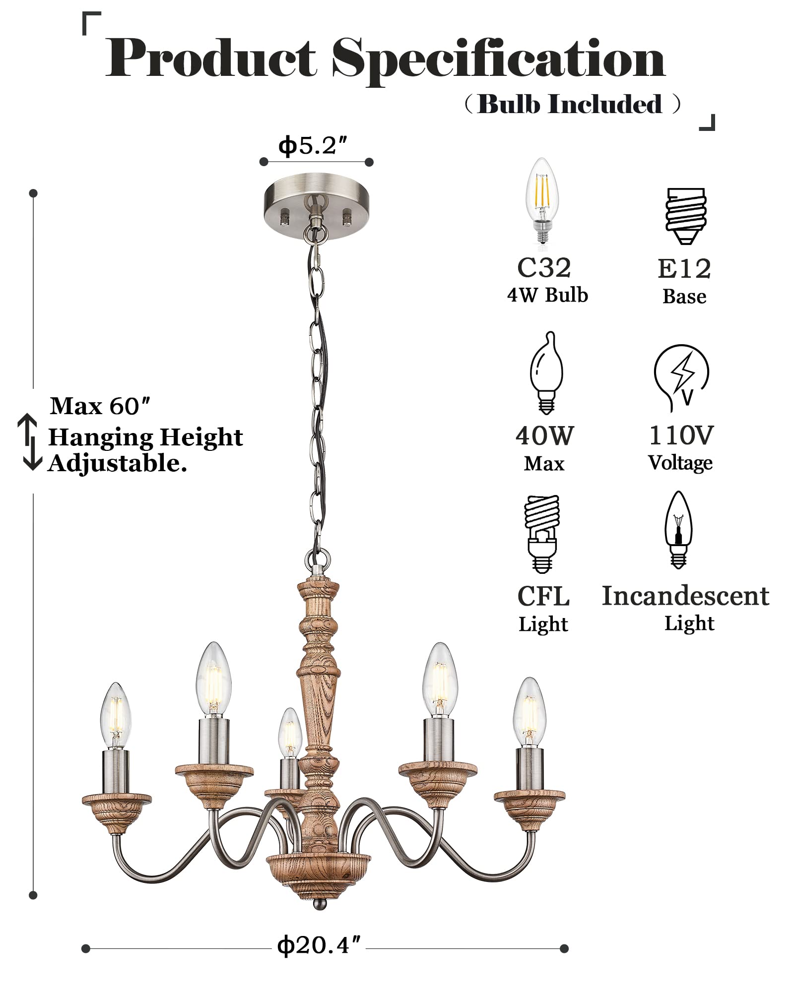 Chandelier, 21" Farmhouse Wood Chandelier, 5-Light Rustic Candle Pendant Light Fixtures for Dining Room,Living Room,Kitchen,Bedroom, LED Bulb Included, Handmade Distressed White