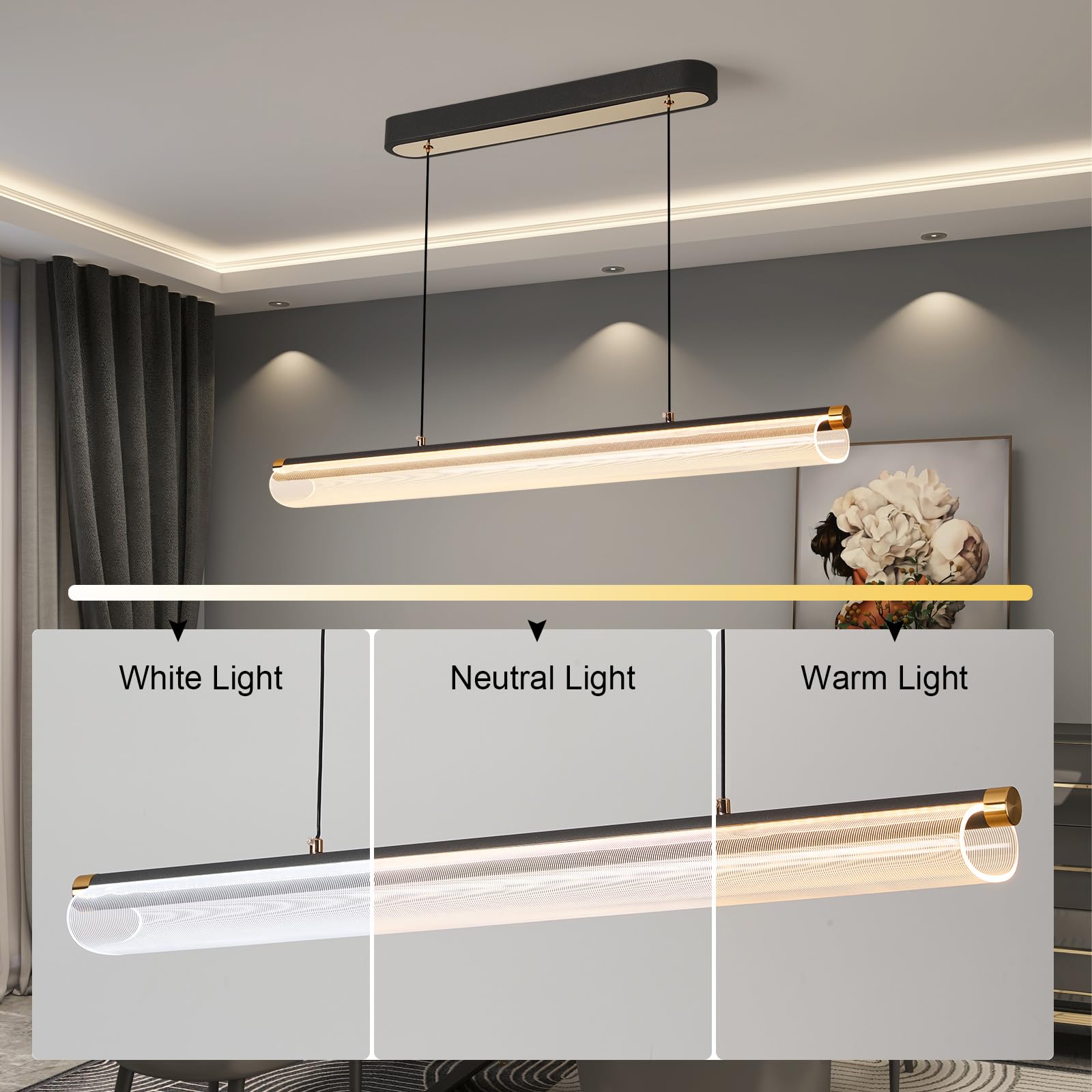 LED Kitchen Island Pendant Light, Linear Pendant, 37.9 Inch Automatic Lifting and Hovering, Modern Dimmable Restaurant Chandelier with Remote for Dining Room Kitchen Island Pool Table