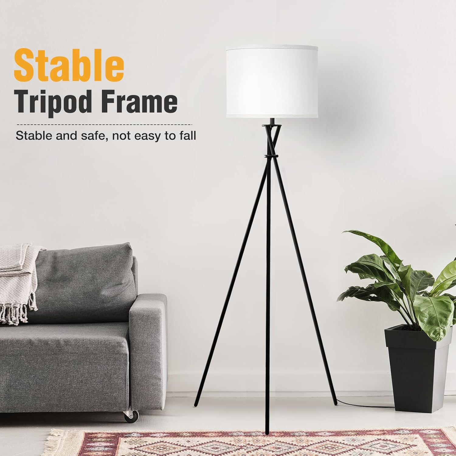 Tripod Floor Lamp, 61” Tall Modern Floor Lamps, Floor Lamp Mid Century, Black Tripod Lamp with White Lampshade, Floor Tripod Lamps for Living Room, Bedroom, Office, Bulb not Include