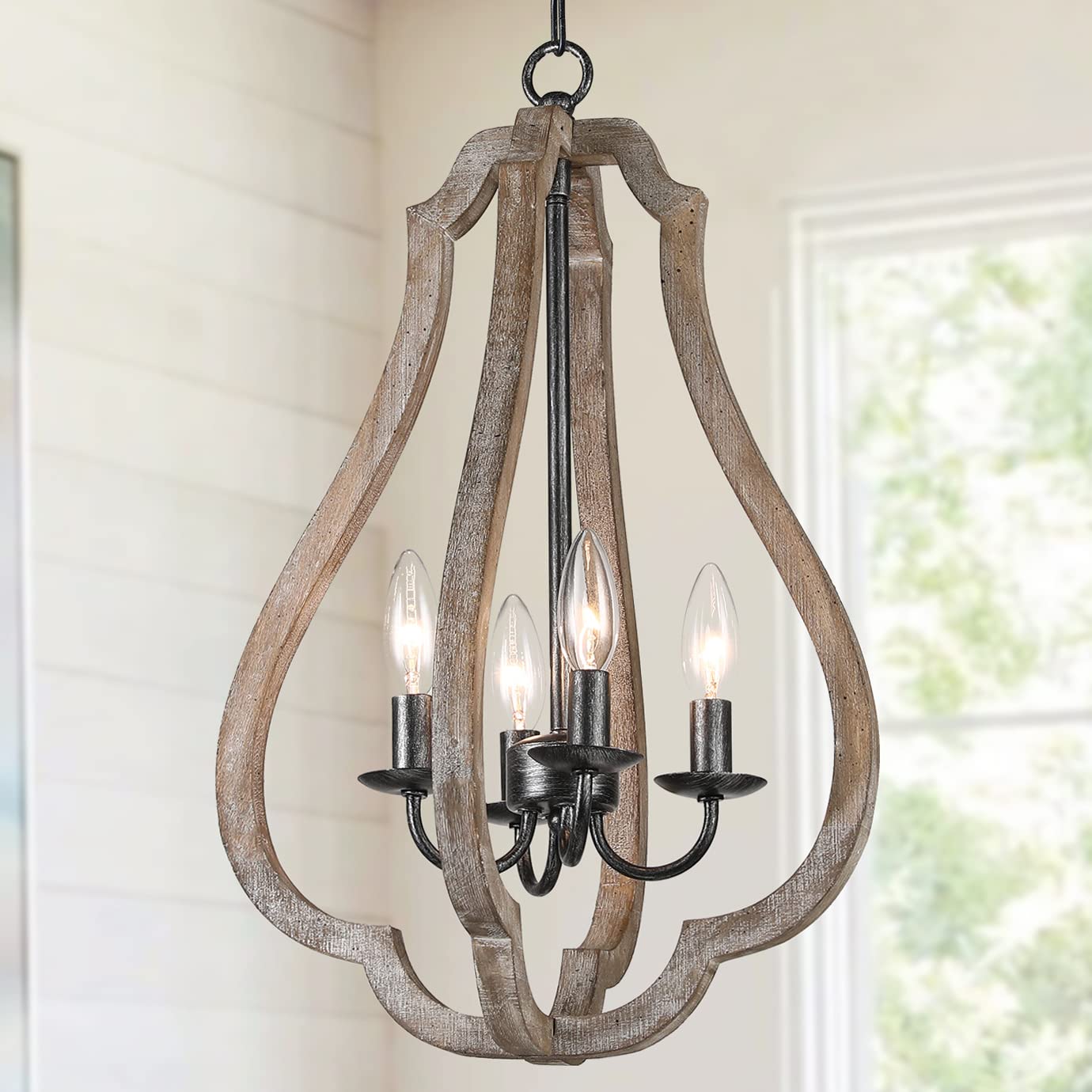 2024 New Antique Wood Farmhouse Chandelier, 4 Light Vase Shape Distressed French Country Wooden Pendant Light, Coastal Hanging Rustic Orb Chandeliers for Dining Room Kitchen Island Bedroom Foyer Entry