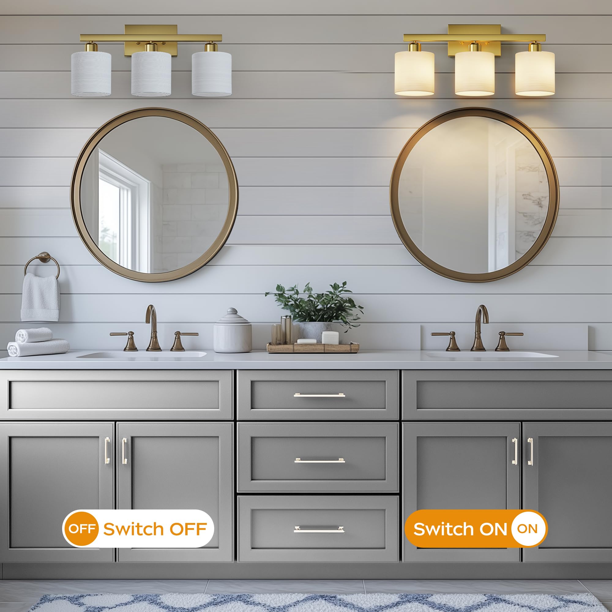 Bathroom Light Fixtures, Bathroom Lighting Fixtures Over Mirror, Classic Vanity Lights, Modern Bathroom Vanity Light with Textured Frosted Opal White Glass Shades, Brushed Nickel, 3-Light