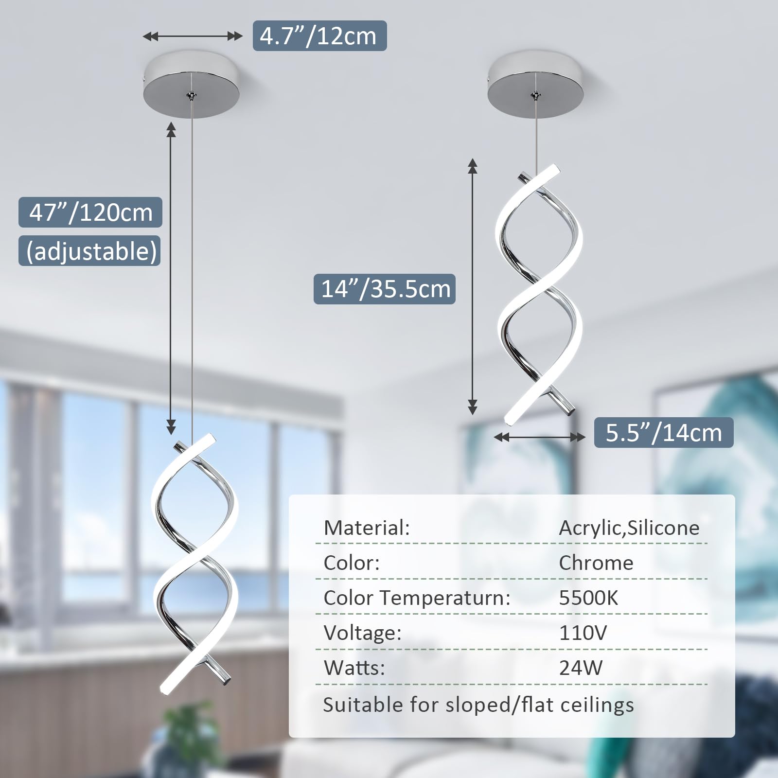 Spiral Led Pendant Light Fixture,15W Cold White Light Modern Integrated LED Hanging Lamp, Adjustable Island Light Fixture for Living room Bedroom Kitchen Sink, 1 Pack (Black)