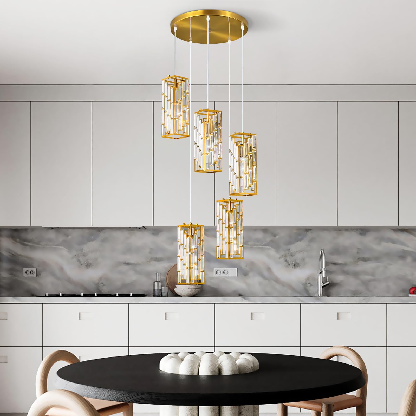 Gold Pendant Lighting Modern Pendant Light, Mini Crystal Chandeliers,Adjustable Pendant Light Fixture for Kitchen Island Dinning Room Bedroom (3 Pack)